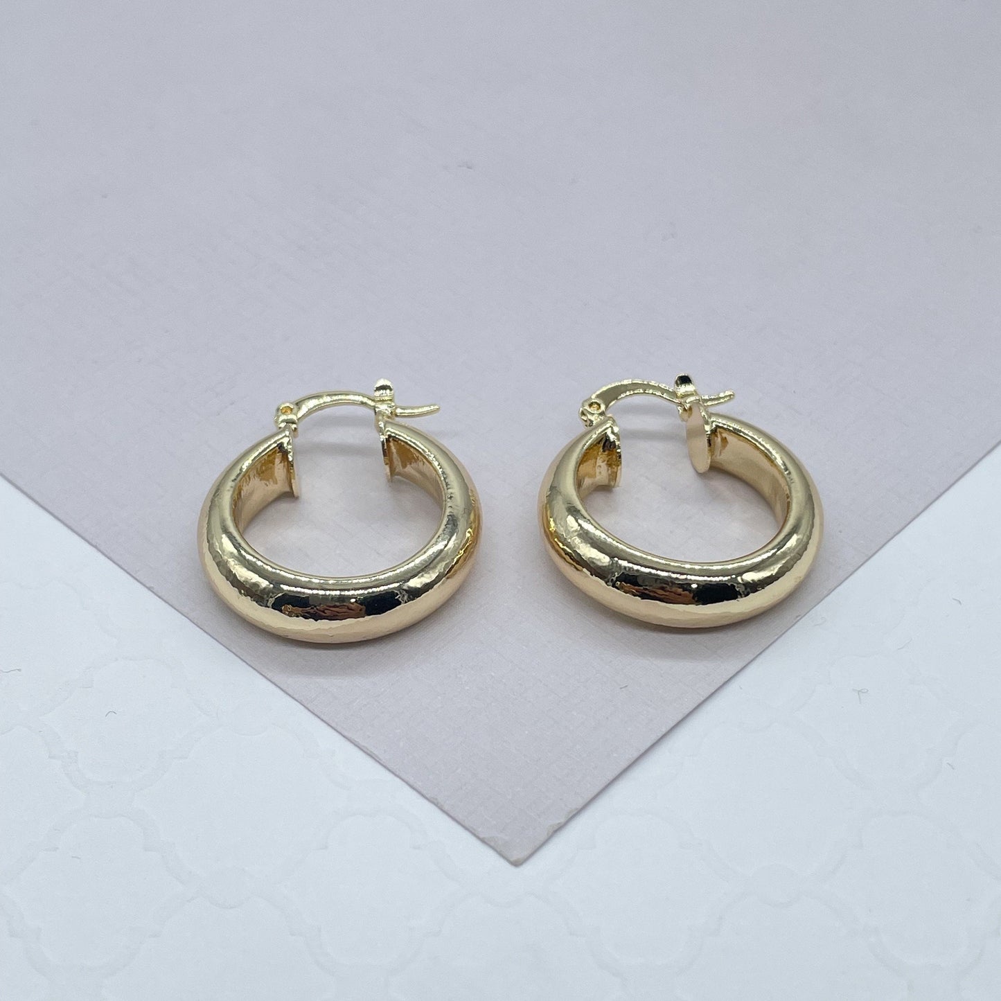 18k Gold Filled Thick Flat Inside Hoop Earrings, Plain Gold Fat