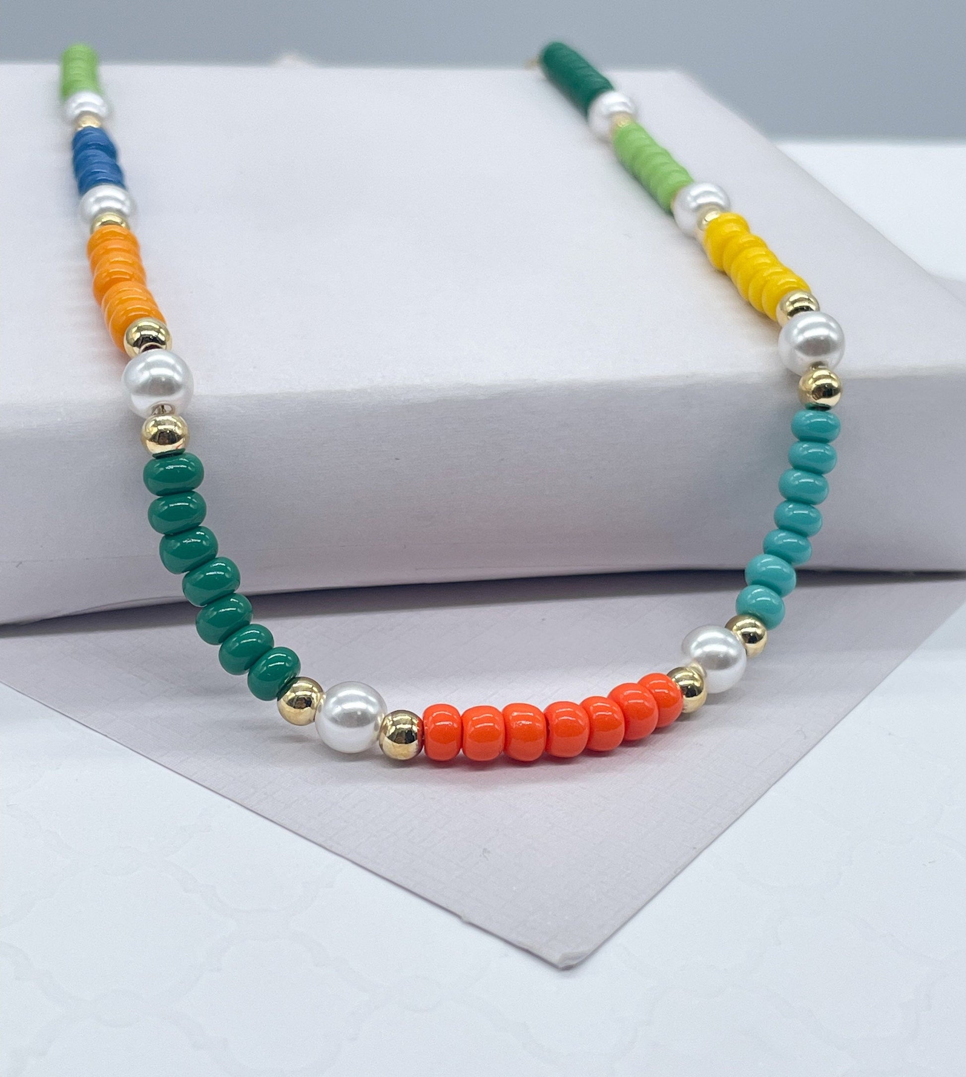 18k Gold Filled Colorful Beaded Choker With Pearl