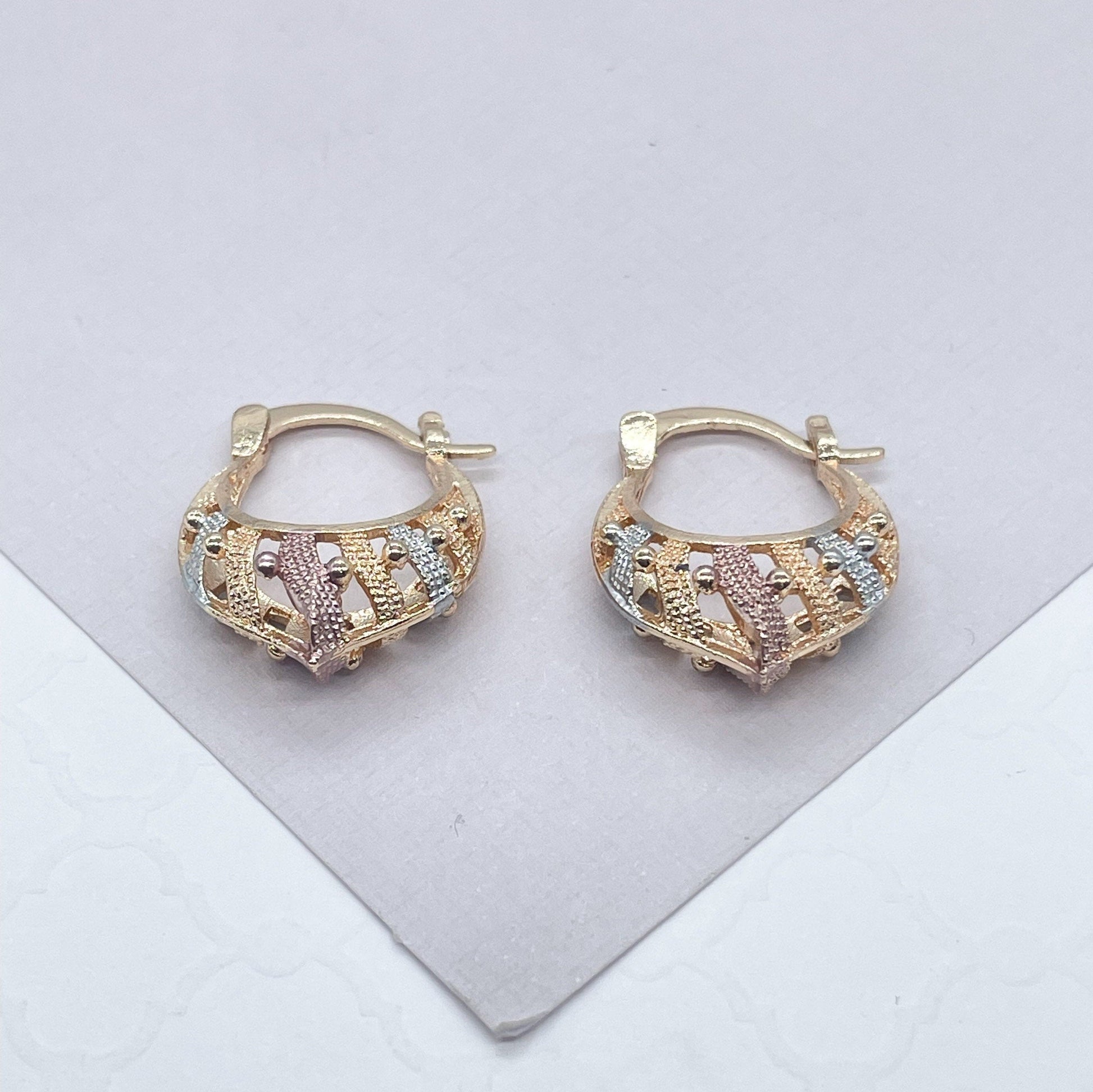 18k Gold Filled Sharp Pointed Tri-Colored Hoop with Little Beads