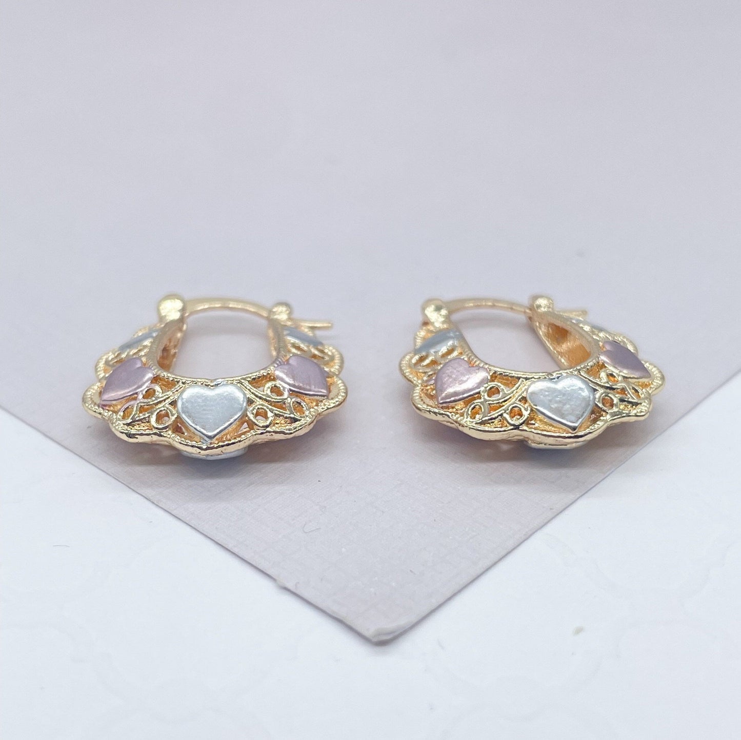 18k Gold Filled Tri-Colored Heart Earring Hoops