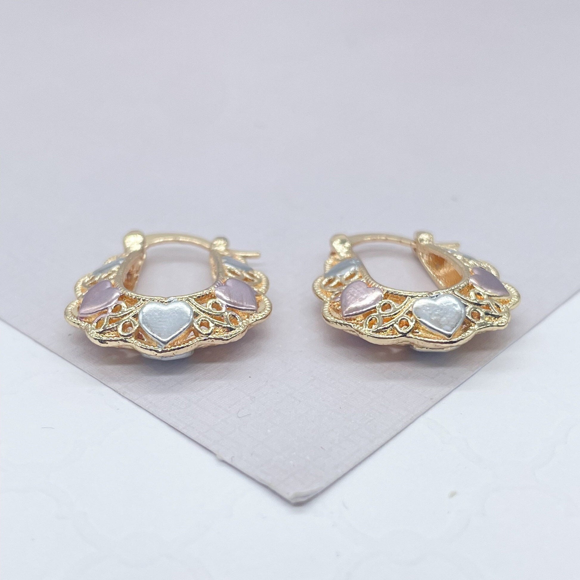 18k Gold Filled Tri-Colored Heart Earring Hoops