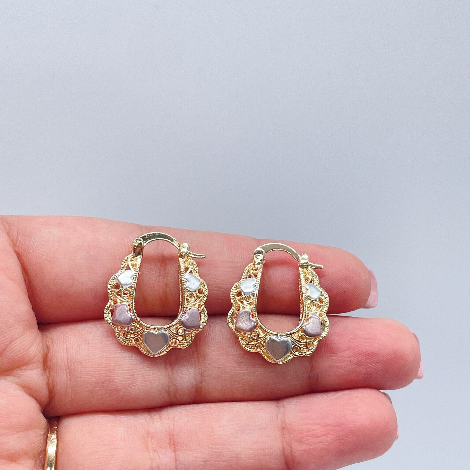 18k Gold Filled Tri-Colored Heart Earring Hoops