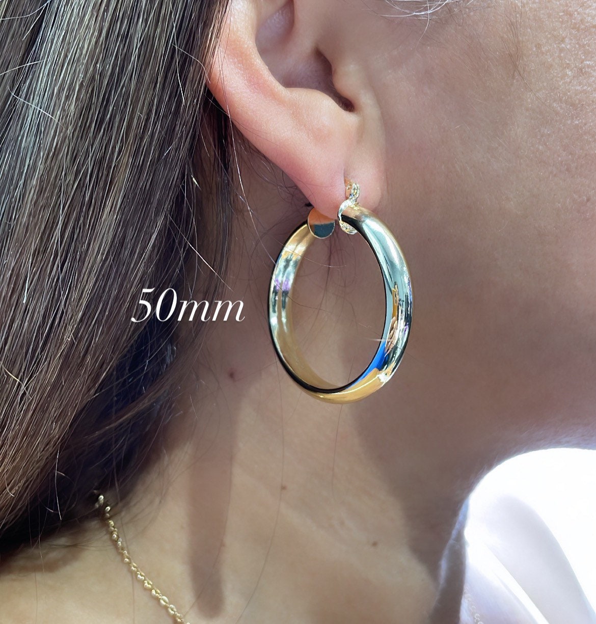 18k Gold Filled Thick Flat Inside Hoop Earrings, Plain Gold Fat