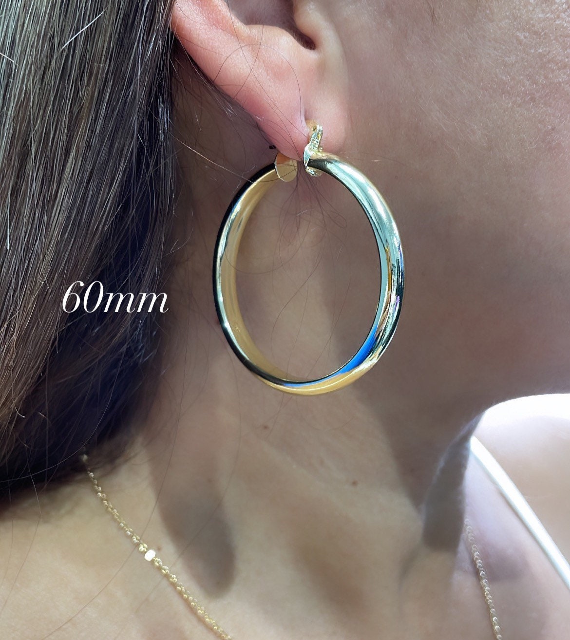 18k Gold Filled Thick Flat Inside Hoop Earrings, Plain Gold Fat