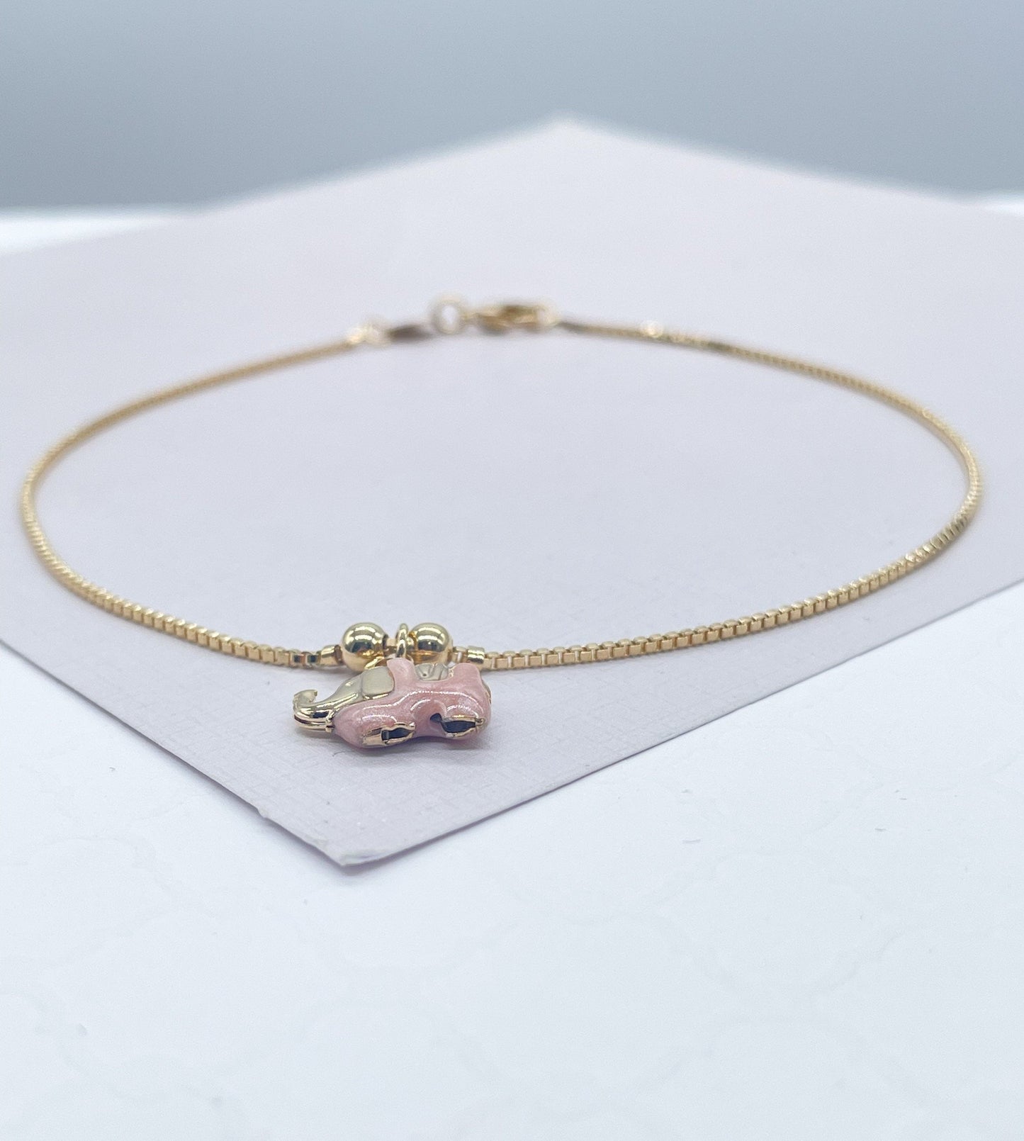 18k Gold Filled Box Chain Anklet With Pastel Colored Elephant Charm