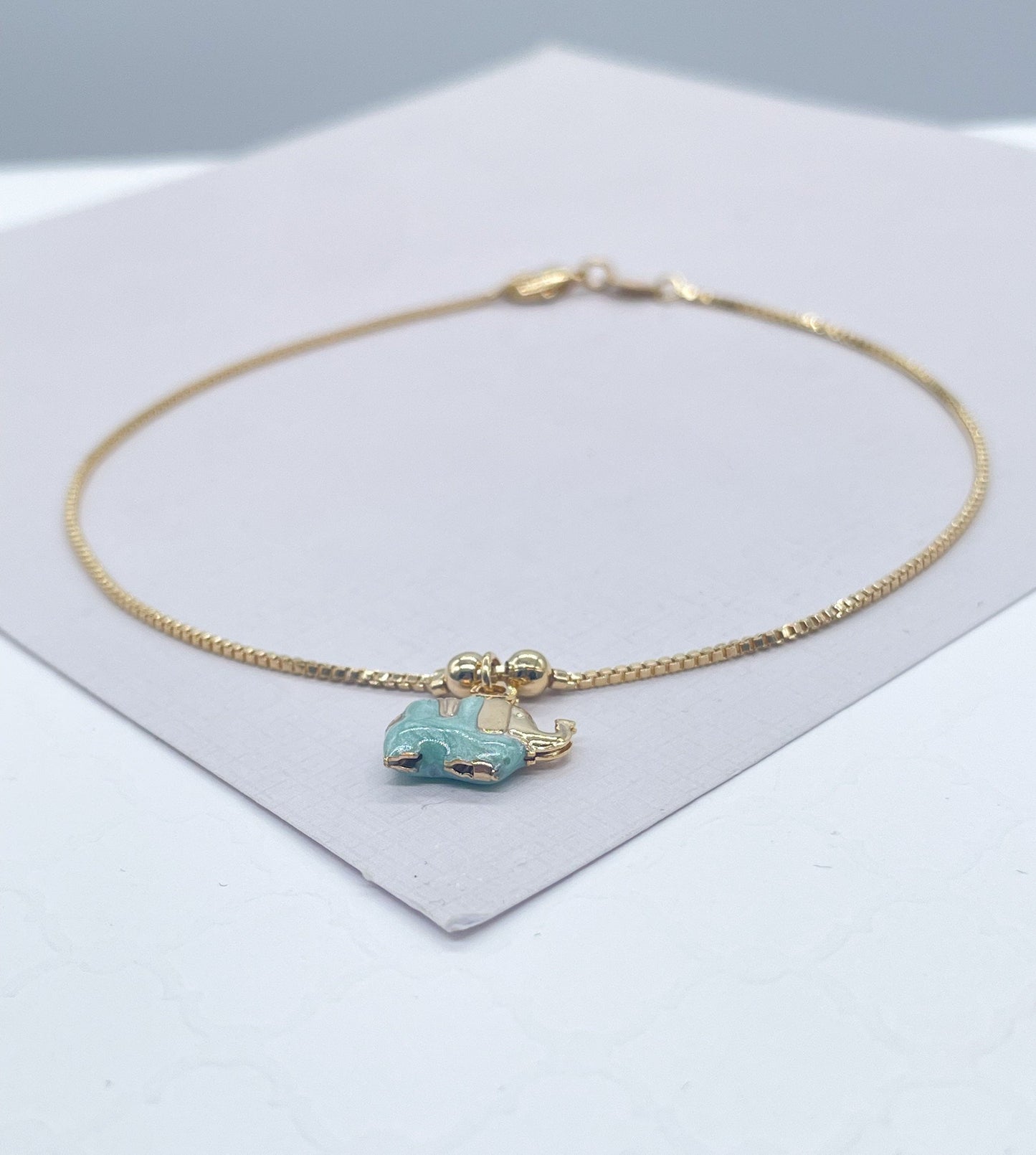 18k Gold Filled Box Chain Anklet With Pastel Colored Elephant Charm