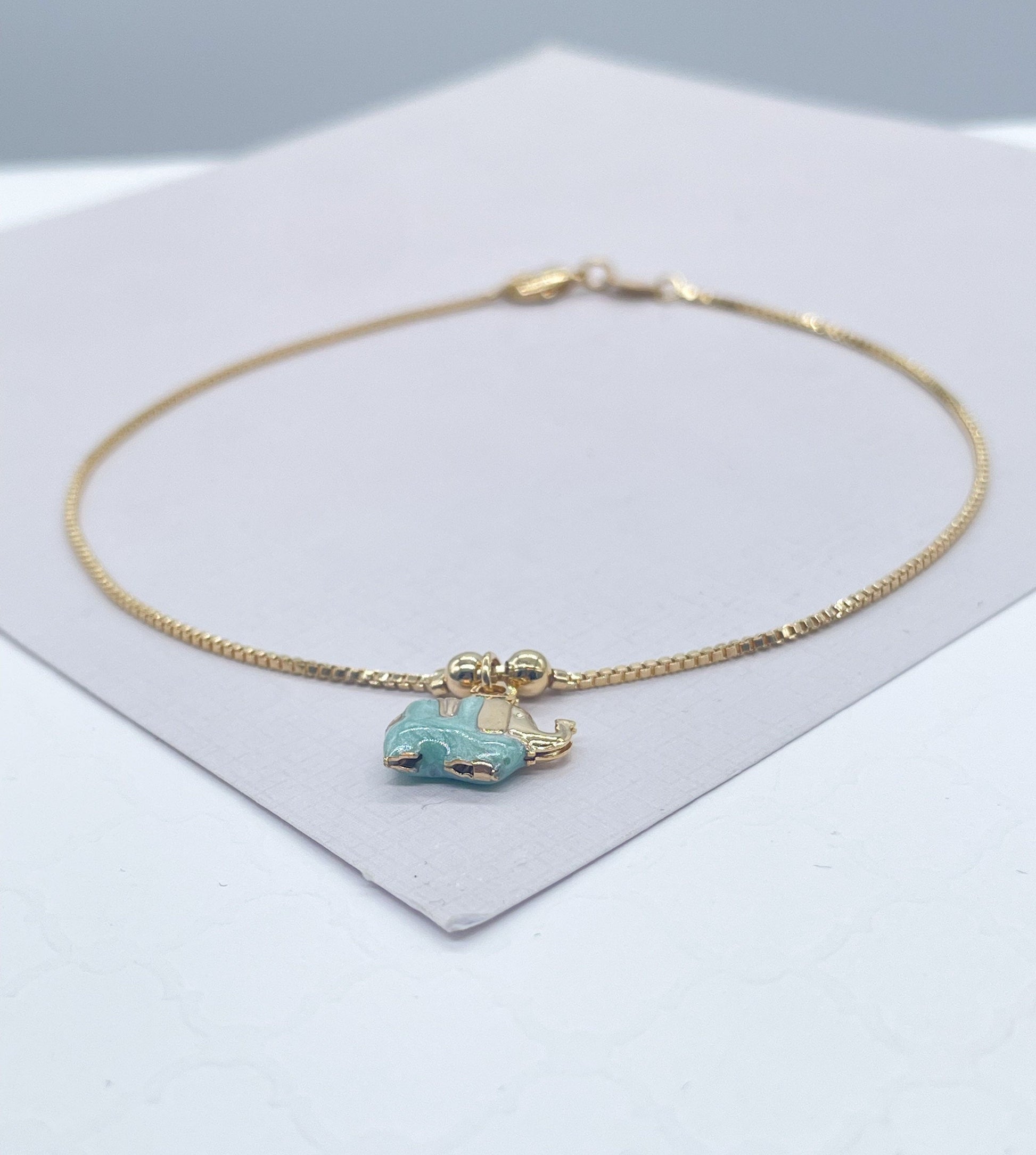 18k Gold Filled Box Chain Anklet With Pastel Colored Elephant Charm