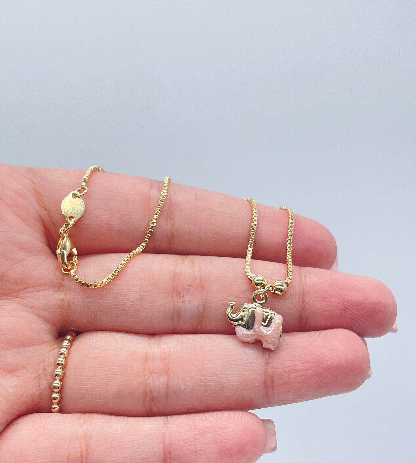 18k Gold Filled Box Chain Anklet With Pastel Colored Elephant Charm