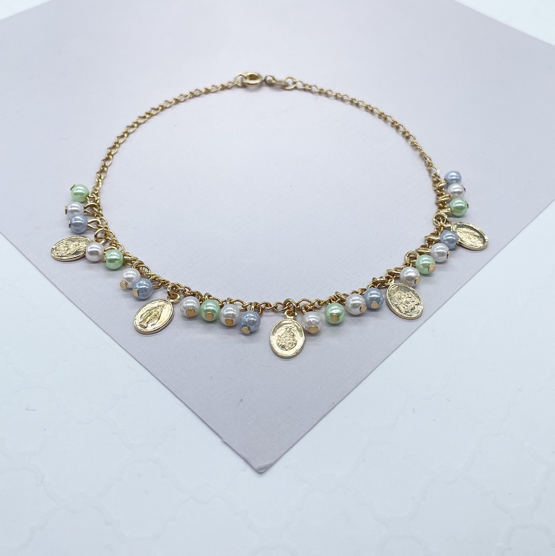 18k Gold Filled Dainty Anklet With Pastel Bead Charms and Small Virgin Mary Medals