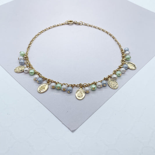 18k Gold Filled Dainty Anklet With Pastel Bead Charms and Small Virgin Mary Medals