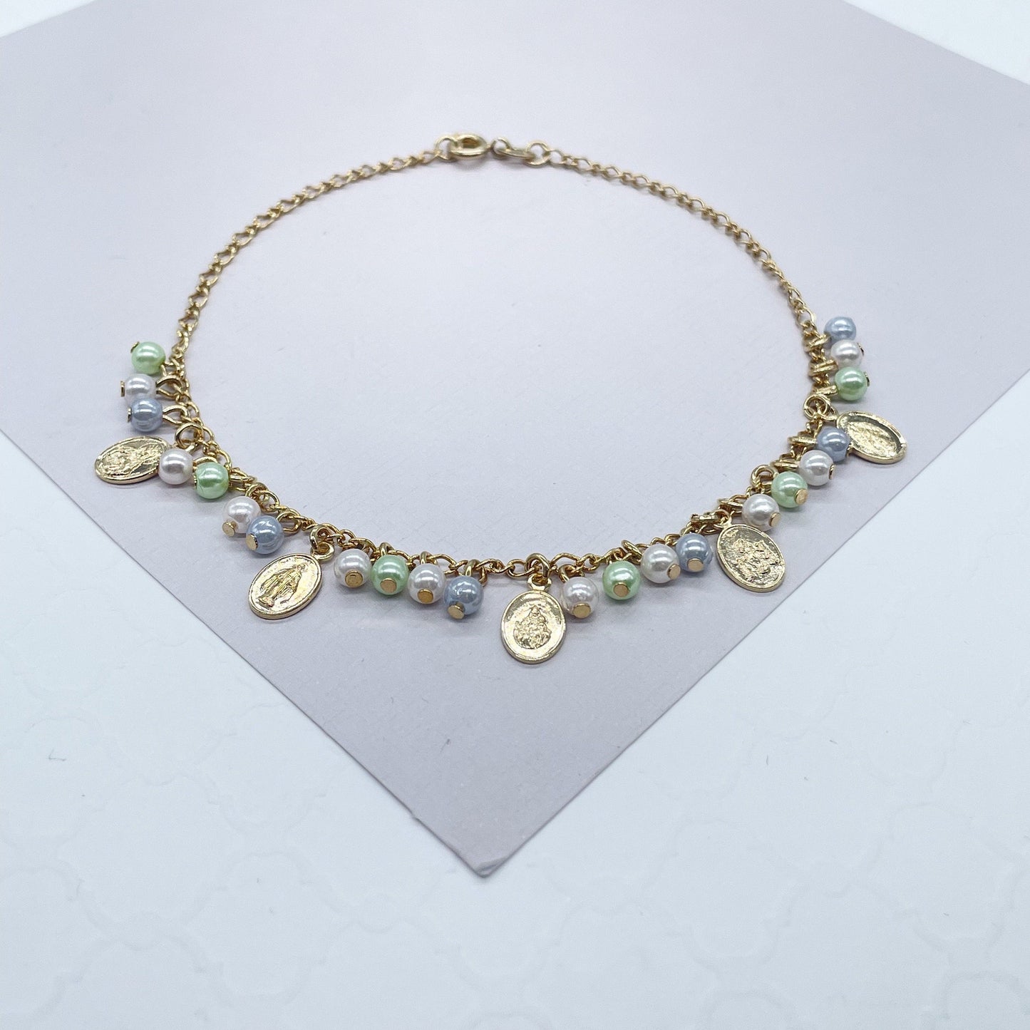 18k Gold Filled Dainty Anklet With Pastel Bead Charms and Small Virgin Mary Medals