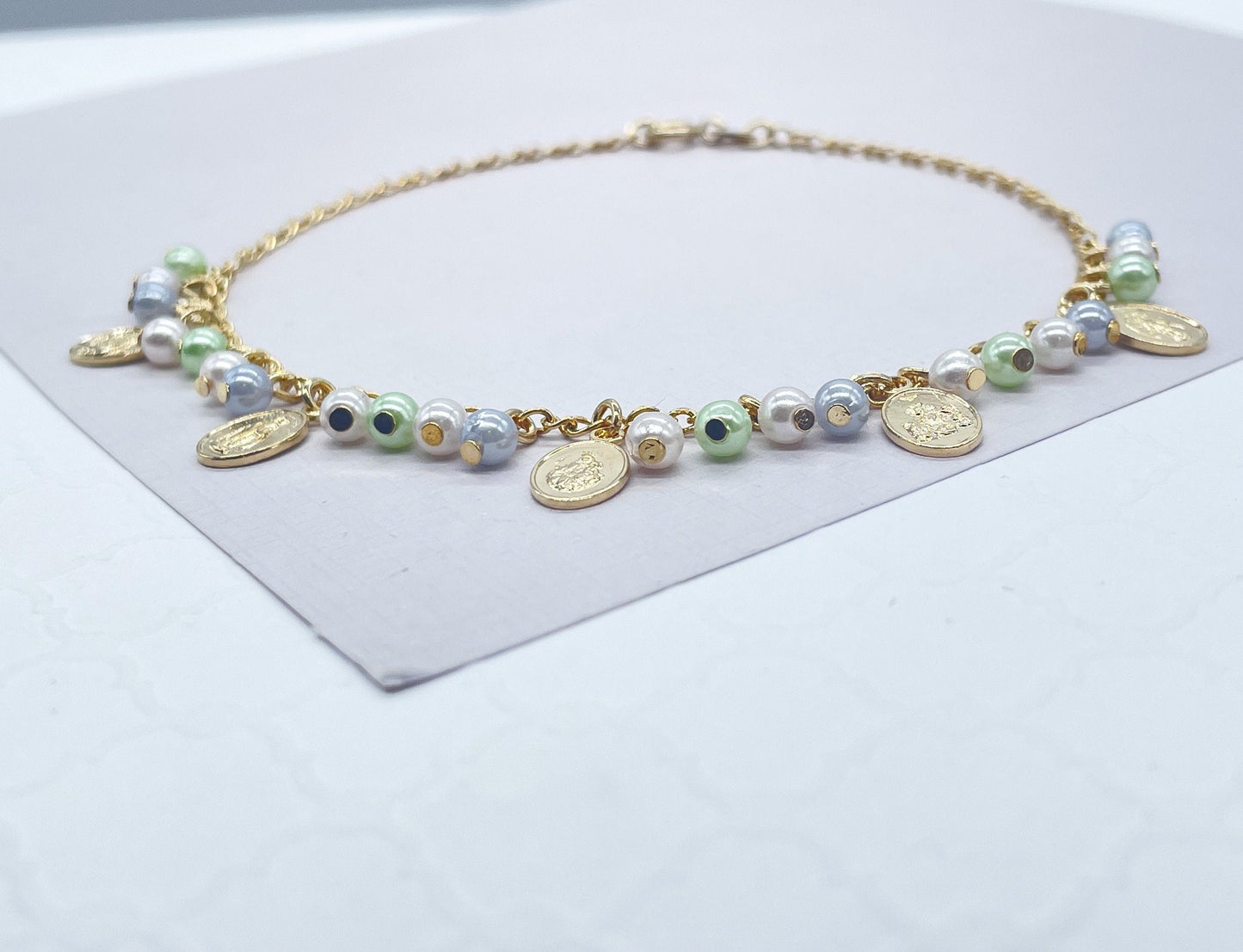 18k Gold Filled Dainty Anklet With Pastel Bead Charms and Small Virgin Mary Medals