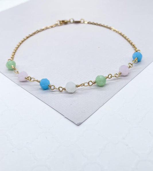 18k Gold Filled Curb Link Anklet With Multi-Colored Beads