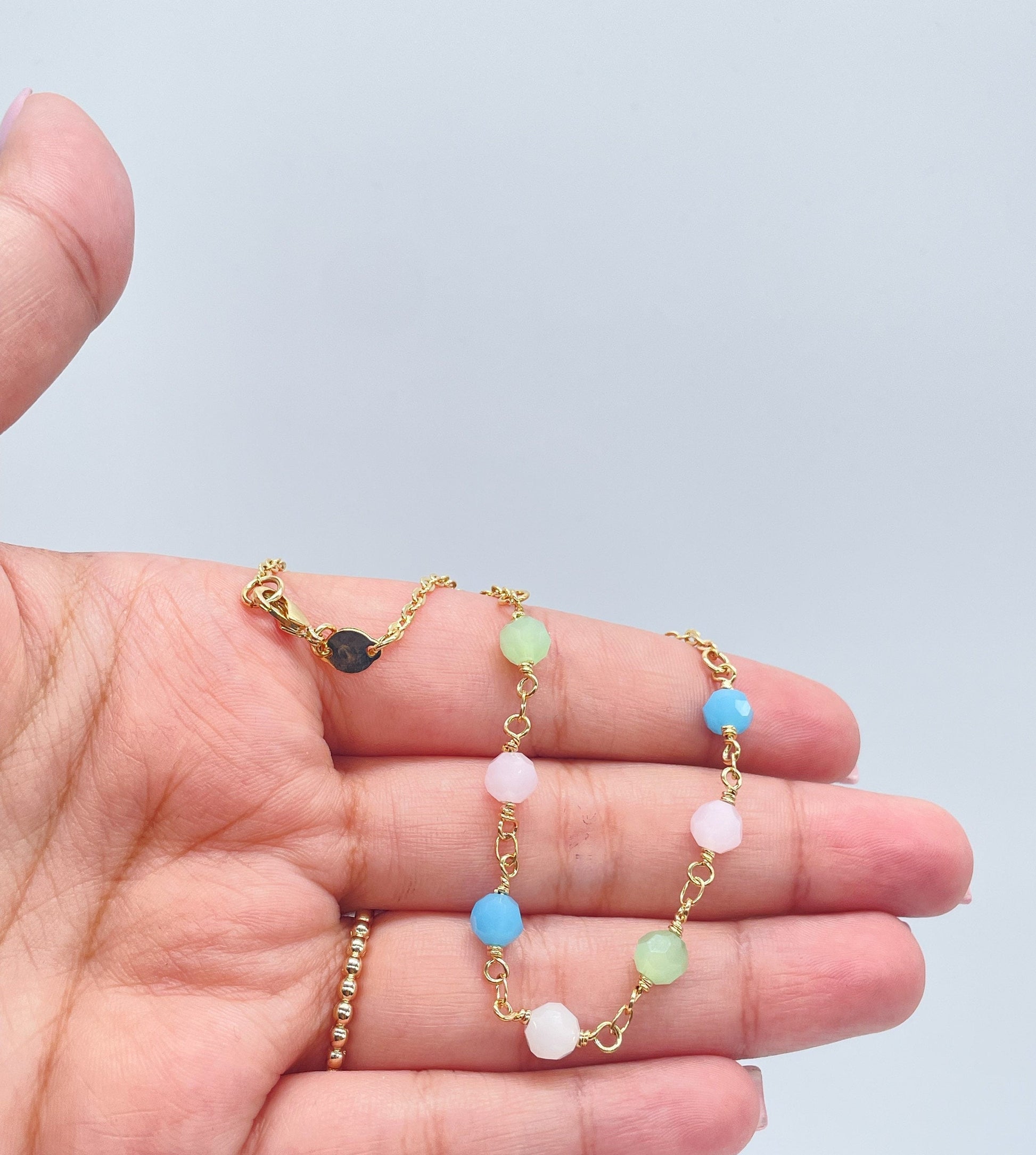 18k Gold Filled Curb Link Anklet With Multi-Colored Beads