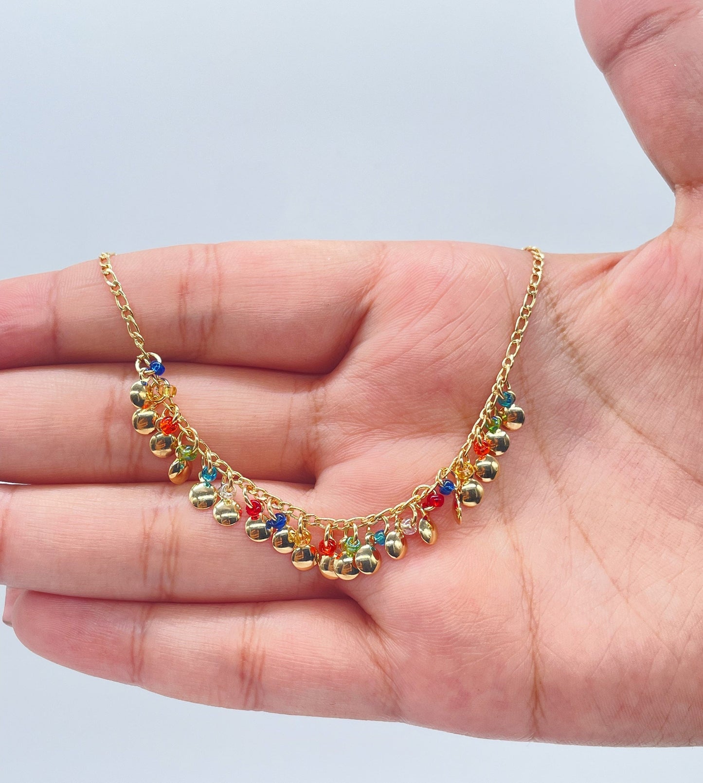 18k Gold Filled Figaro Charm Anklet With With Multi-Colored Small Beads and Flat Gold Charms