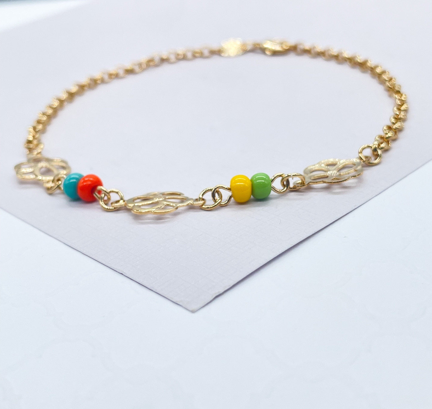 18k Hold Filled Rolo Chain Anklet With Colorful Beads and Flower Charms Attached