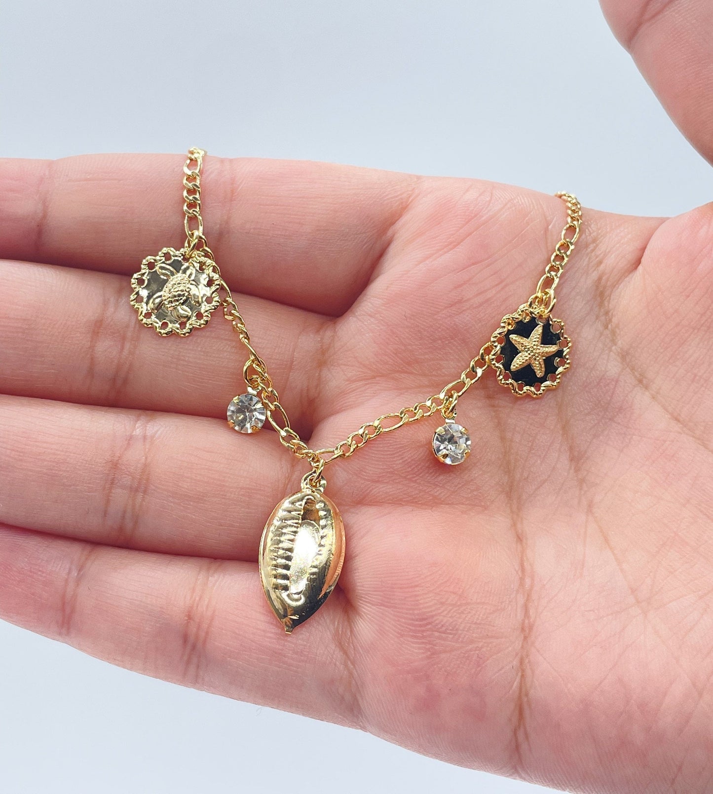 18k Gold Filled Figaro Chain Anklet With Ocean Animal Charms & Conch shell