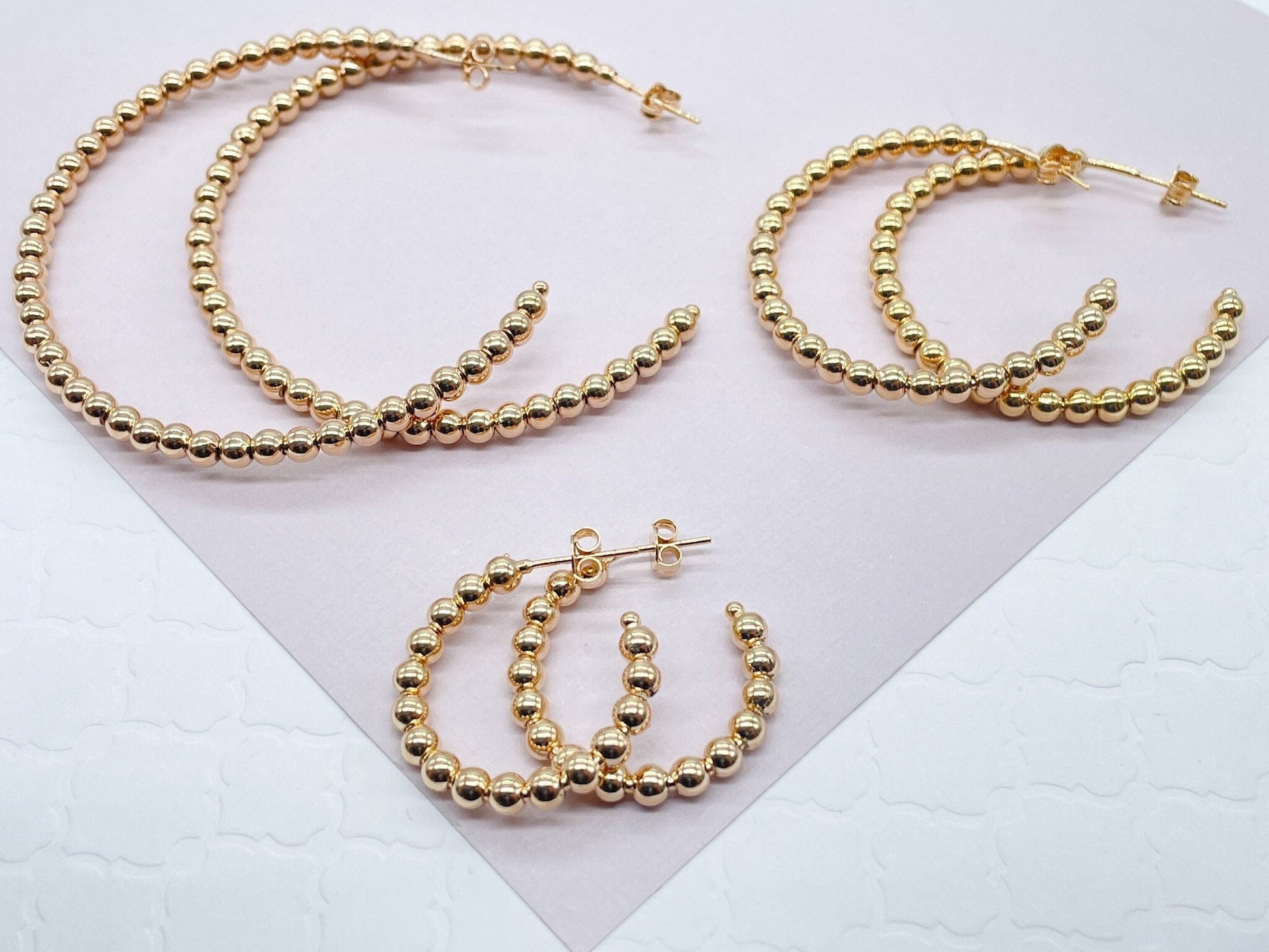 18k Gold Filled 3mm Ball Beaded Hoop Earrings, Everyday Wear Hoops, all sizes