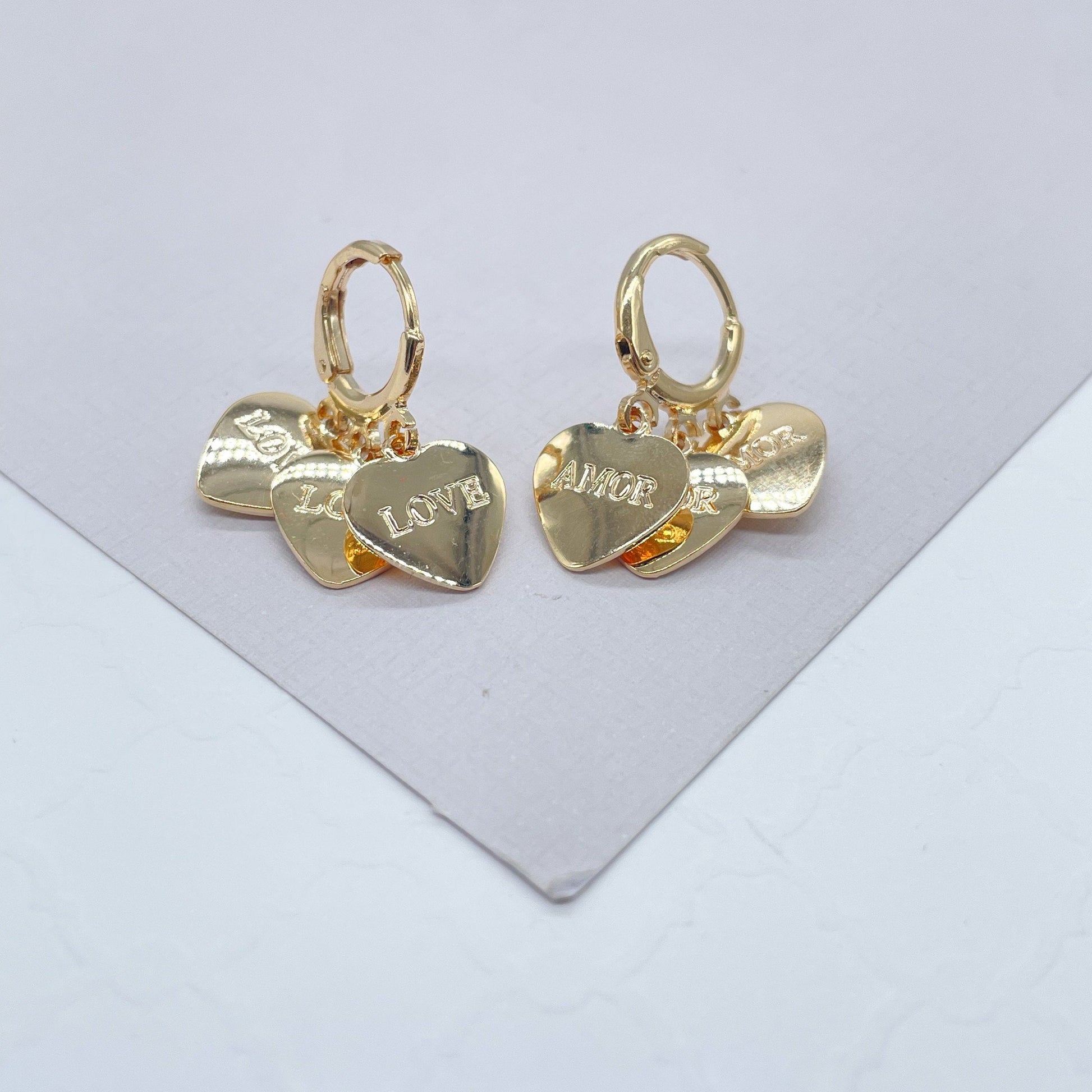 18k Gold Filled Chandelier Earrings With Double Side Charms of “Love & Amor”