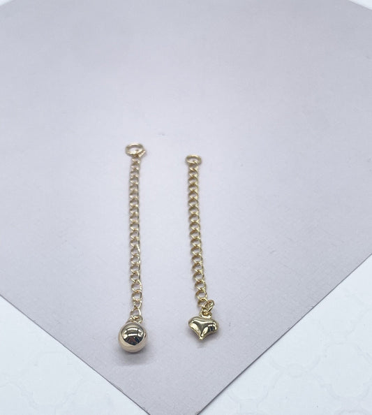 18k Gold Filled Chubby Ball and Heart 2” Extenders for Chains, Necklaces, Anklets