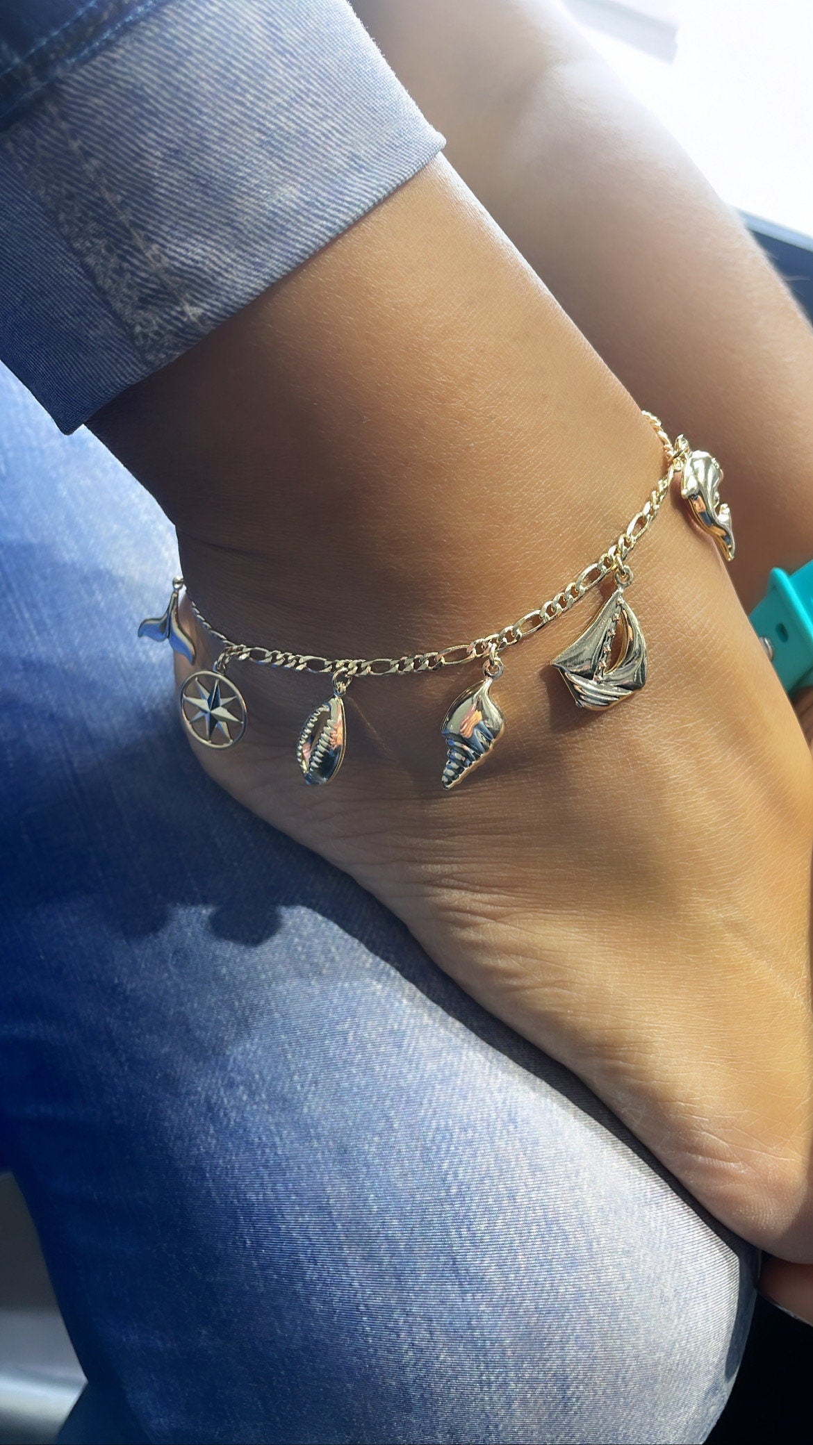 18k Gold Filled Figaro Anklet With Chunky Sea Life Charms