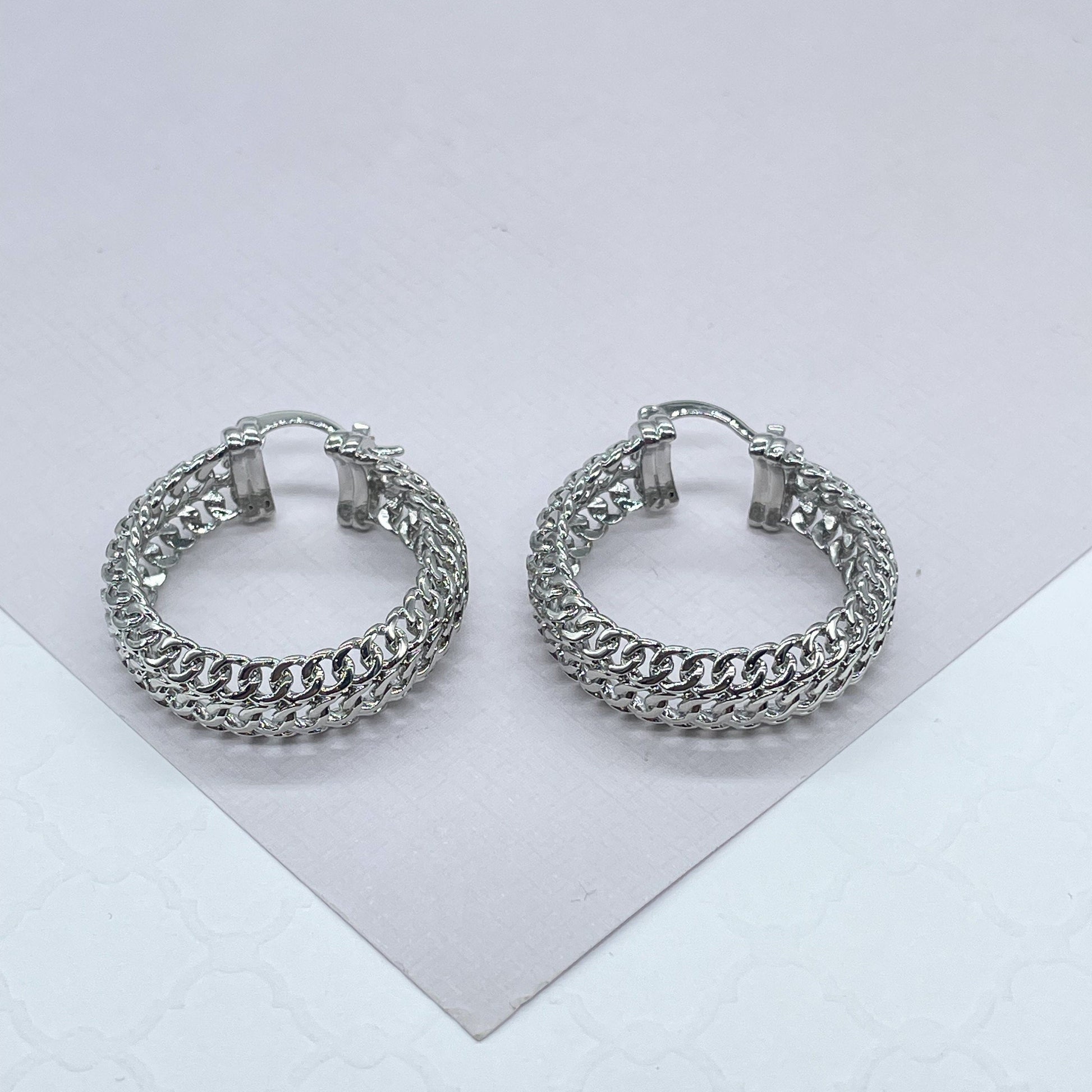 18K GoldFilled Three Row Cuban Link 1.5” Diameter Hoop Earrings Size 40mm