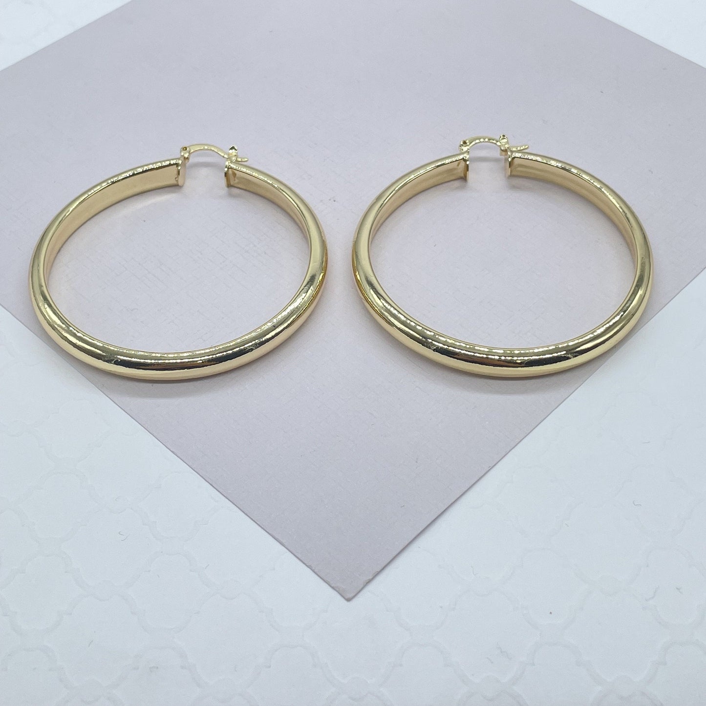 18k Gold Filled Thick Flat Inside Hoop Earrings, Plain Gold Fat