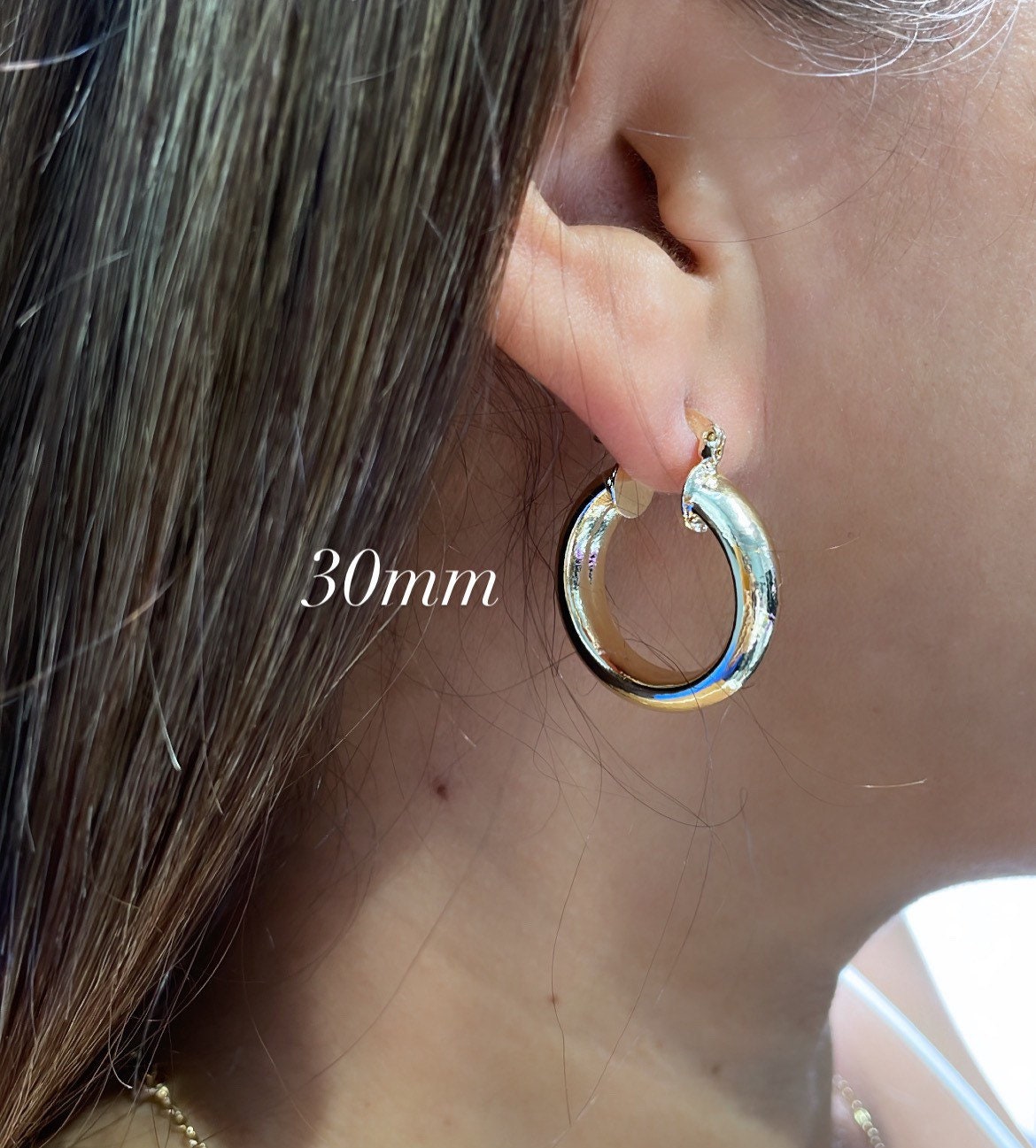 18k Gold Filled Thick Flat Inside Hoop Earrings, Plain Gold Fat