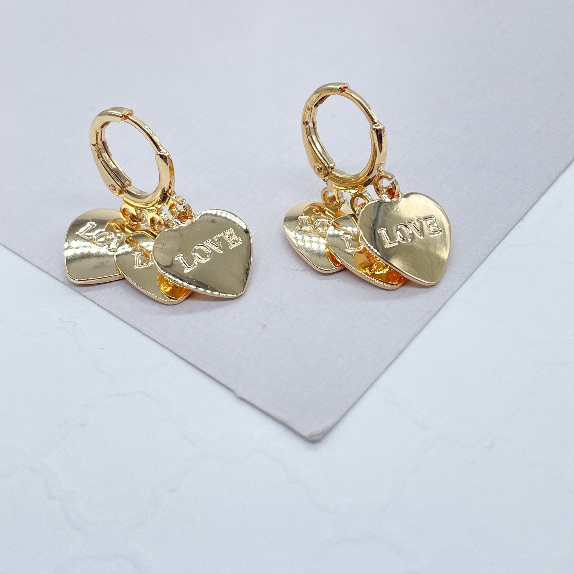 18k Gold Filled Chandelier Earrings With Double Side Charms of “Love & Amor”