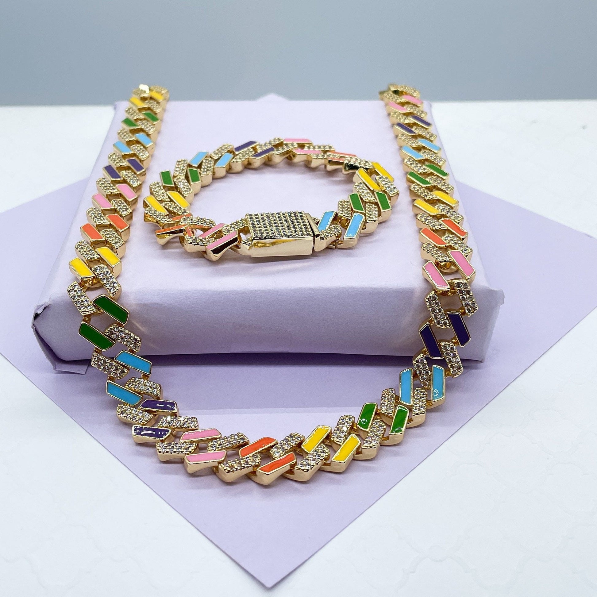 18k Gold Filled Colorful Enamel and Zirconia Thick Cuban Link Set