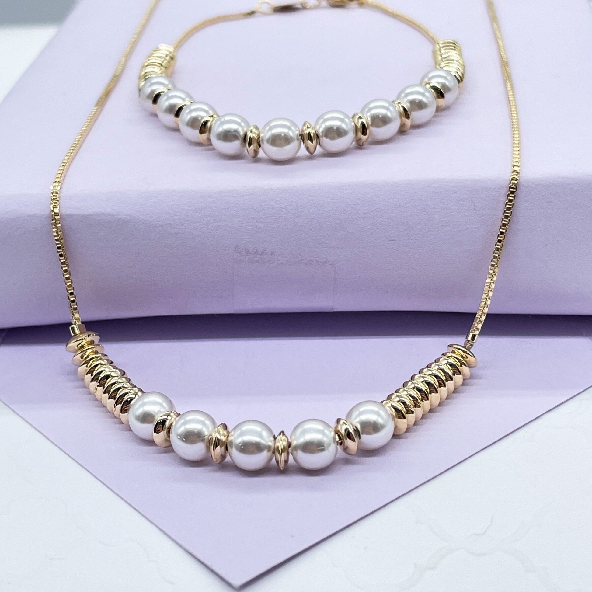 18k Gold Filled Delicate Pearl Set With Puffy Disks and Pearls