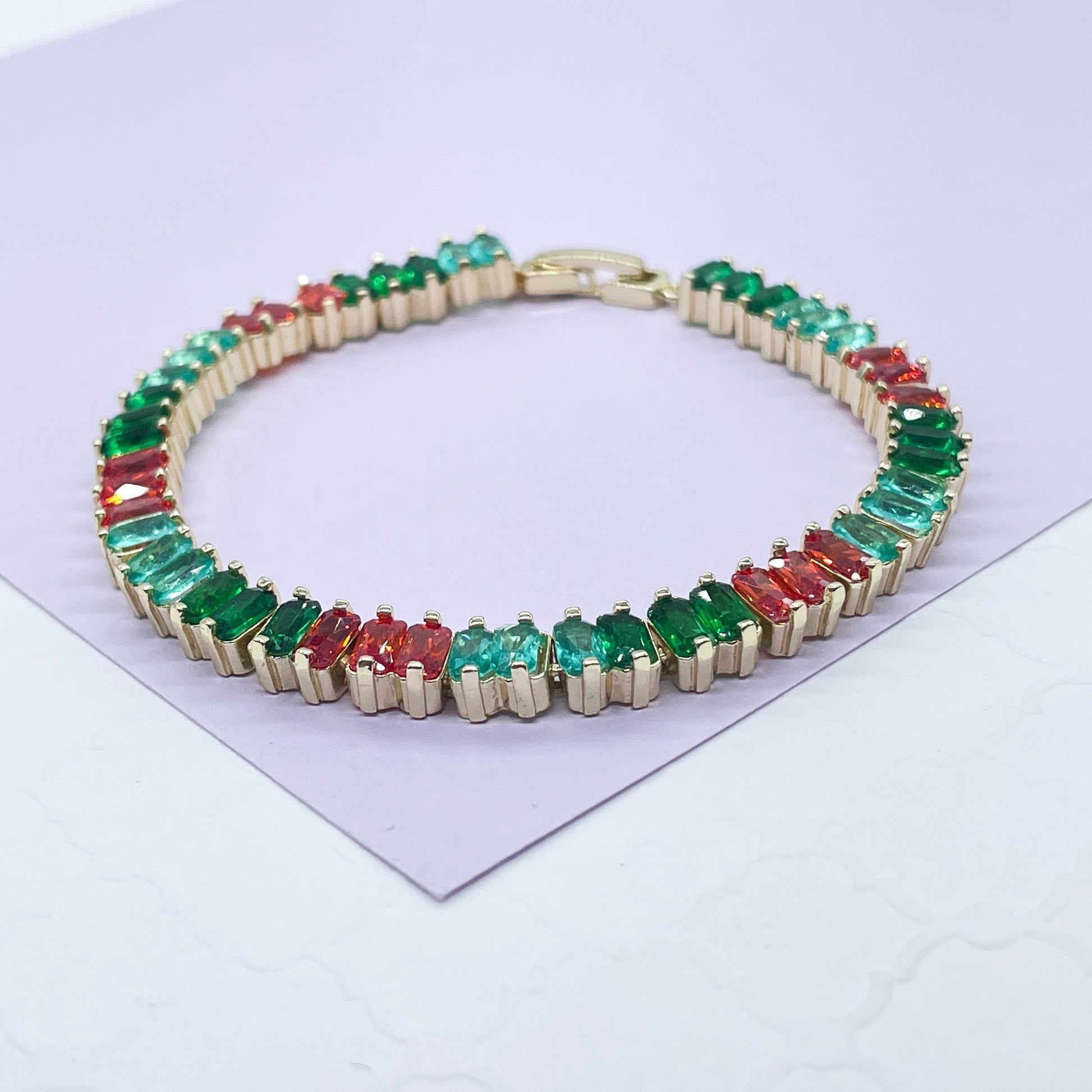 18k Gold Filled Jade Colored Baguette Zirconia Stone Bracelet With touches of Bright Red