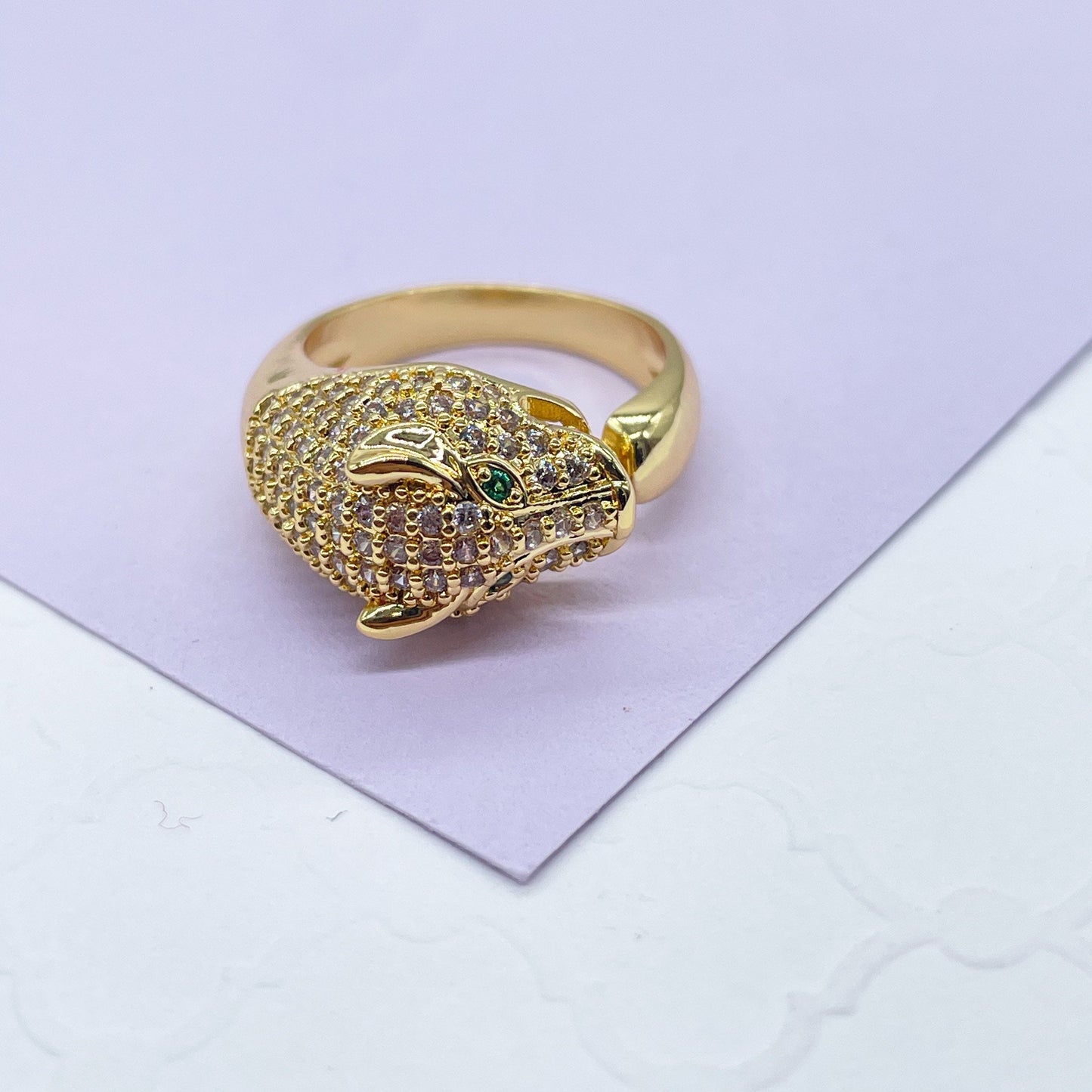 18k Gold Filled Adjustable Pave Panther Head Ring