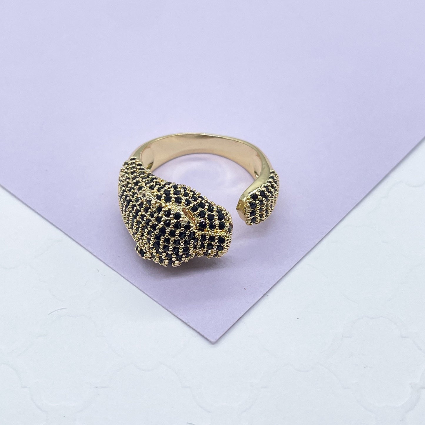 18k Gold Filled Adjustable Pave Panther Head Ring