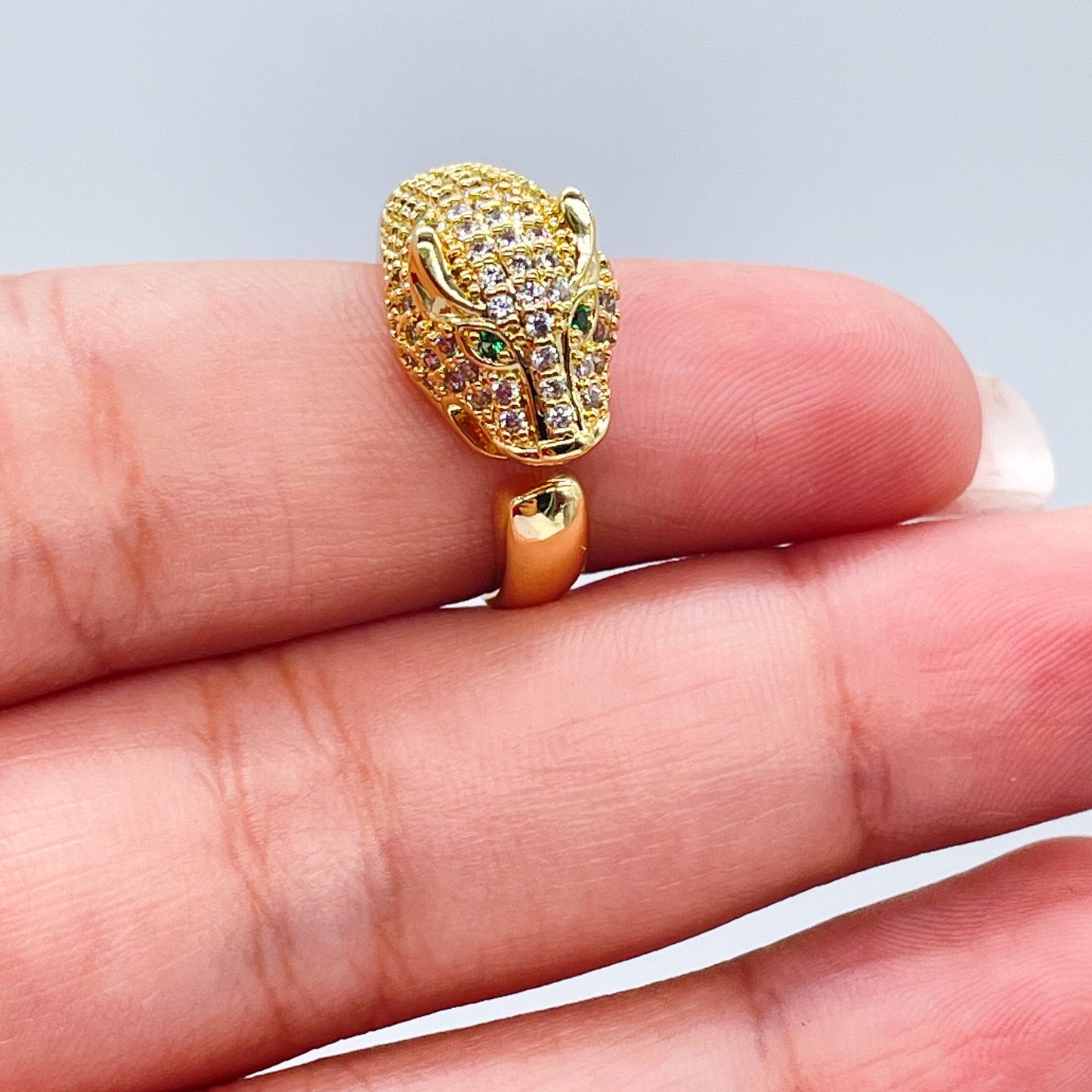 18k Gold Filled Adjustable Pave Panther Head Ring