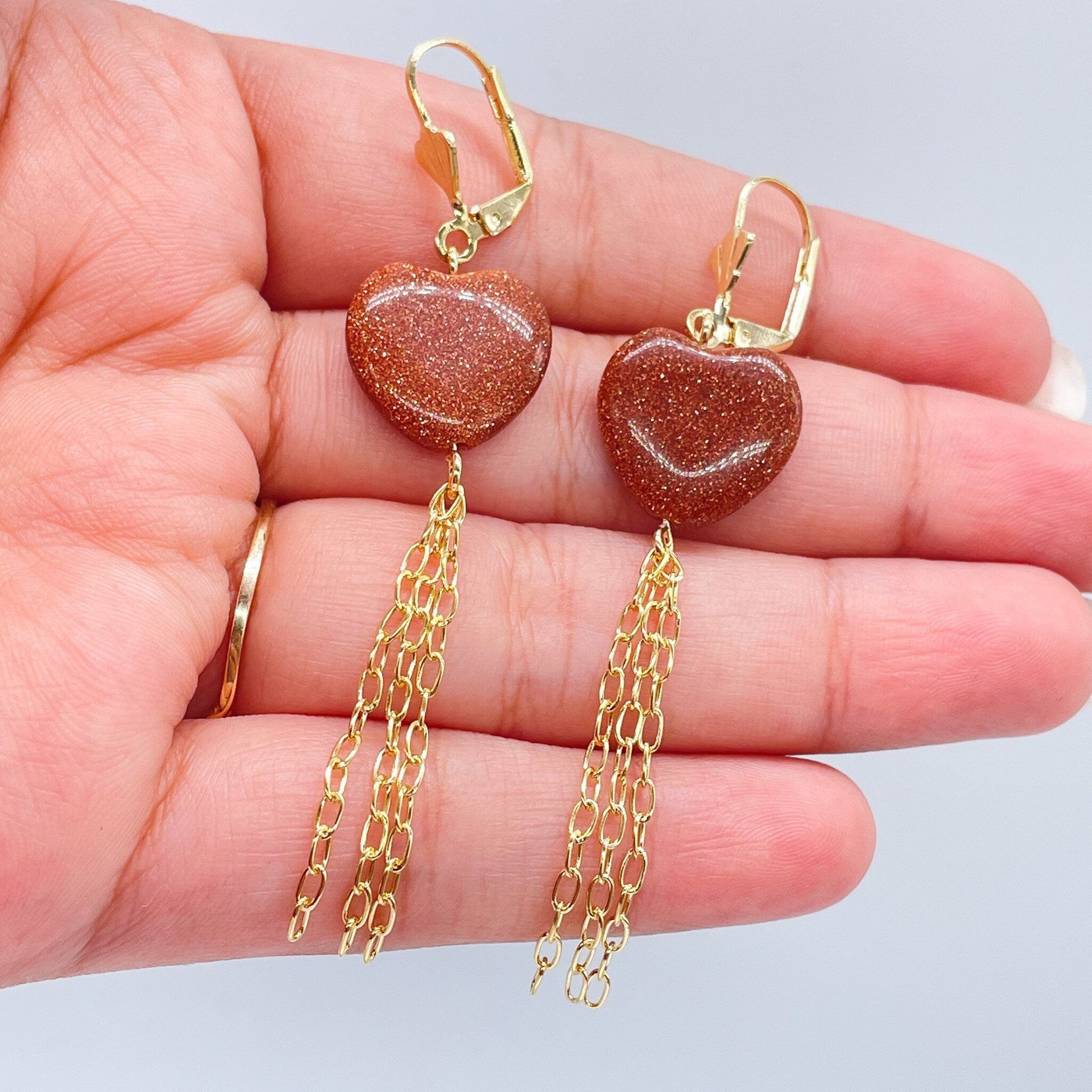 18k Gold Filled Heart Shaped Venturina Drop Earrings, Goldstone Earrings, Brown Stone Earrings