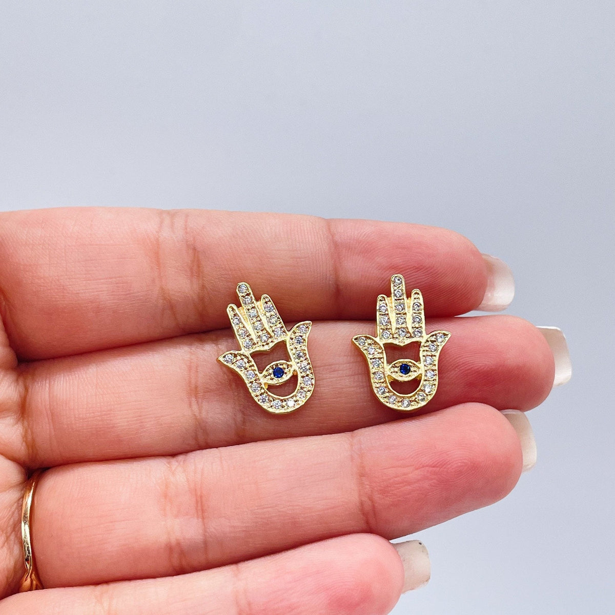 18k Gold Filled Hamsa Earring With Blue Evil Eye