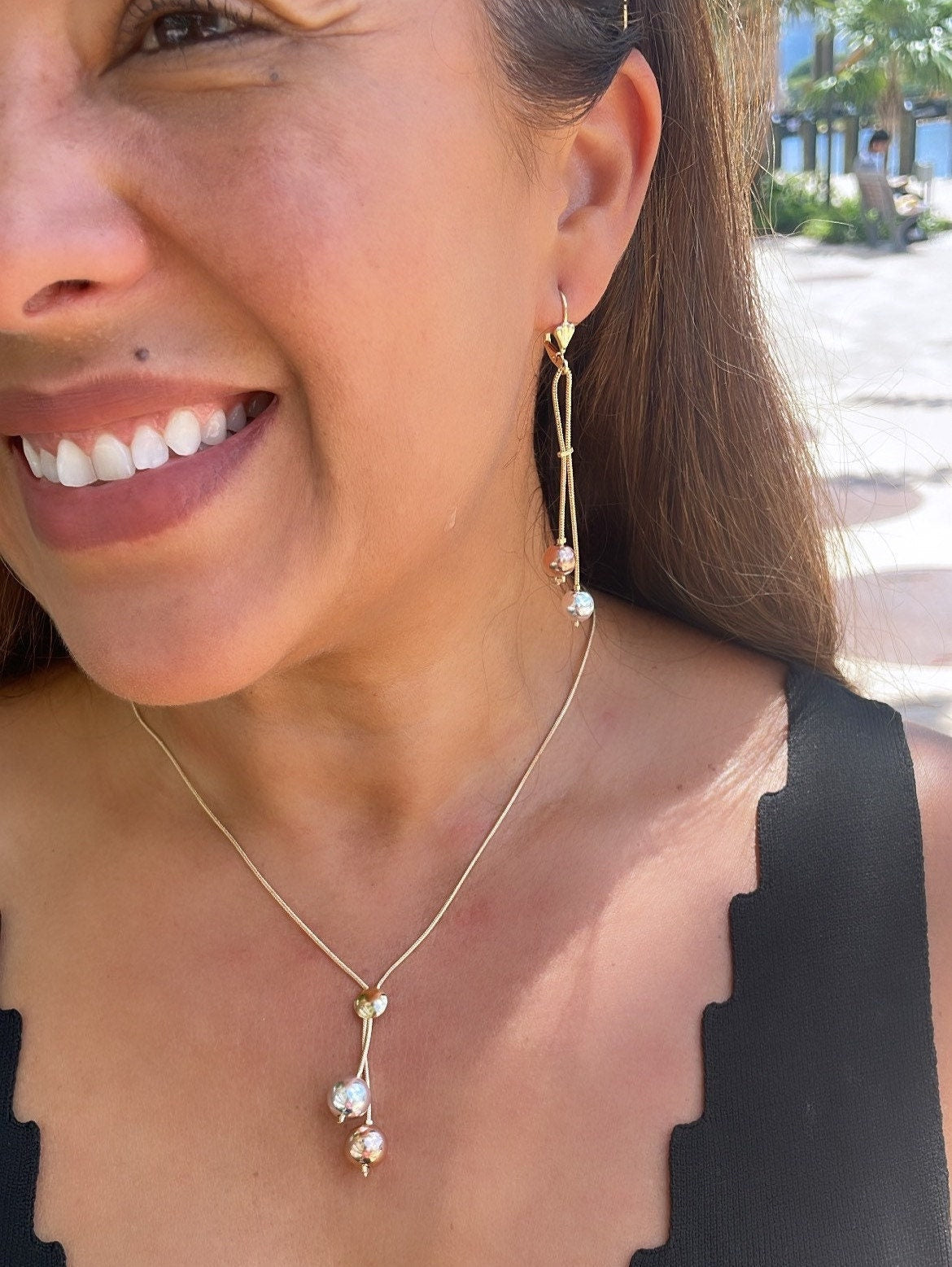 18k Gold Filled Tri-Color and Plain Gold Dangle Beaded Earrings