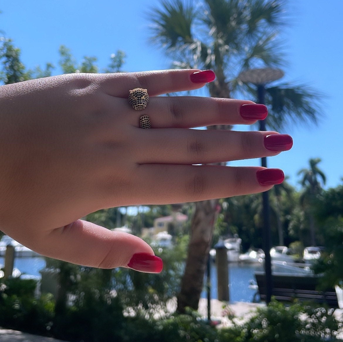 18k Gold Filled Adjustable Pave Panther Head Ring