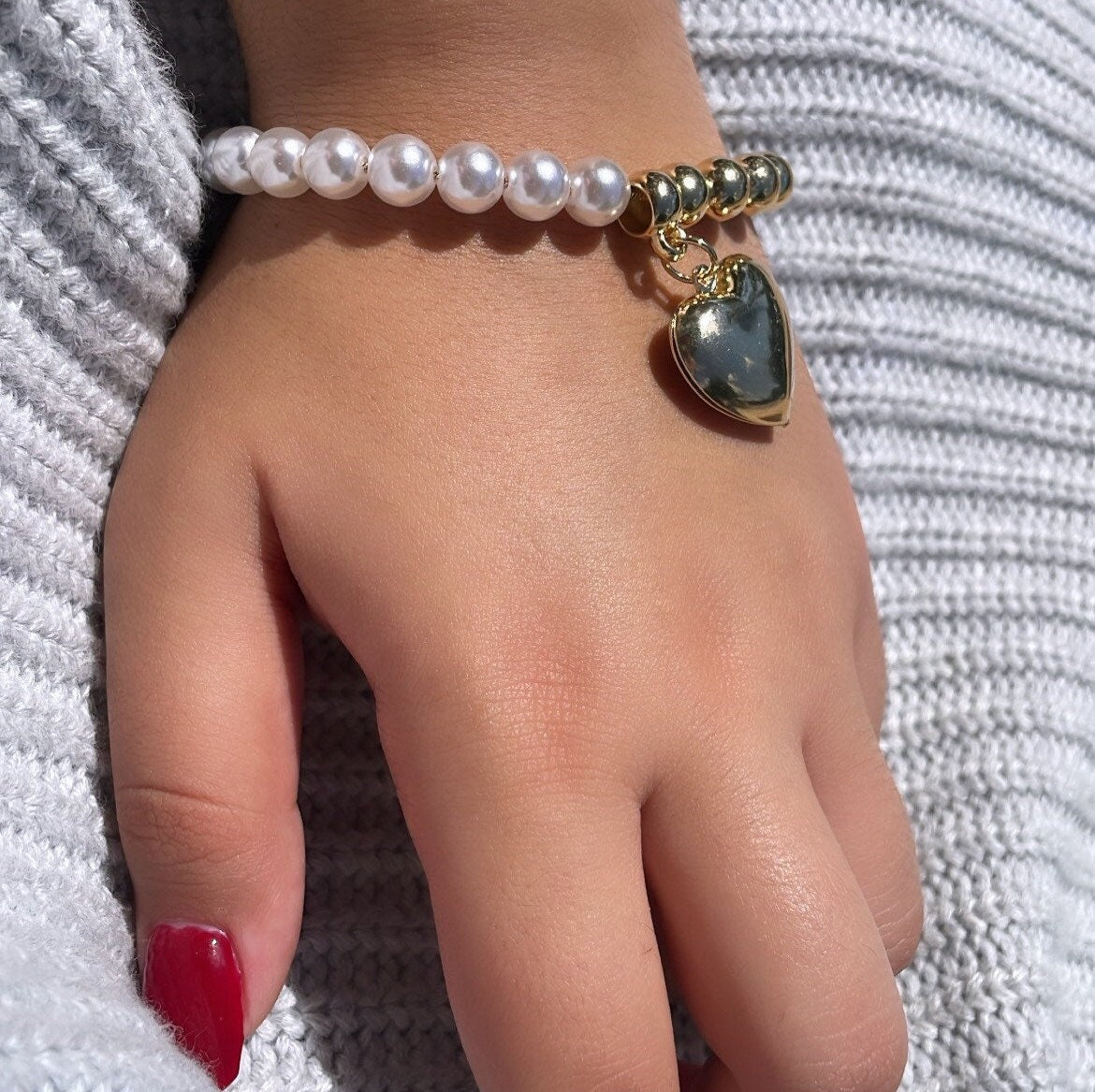 18k Gold Filled Half Gold & Pearl Bracelet with Large Puffy Heart