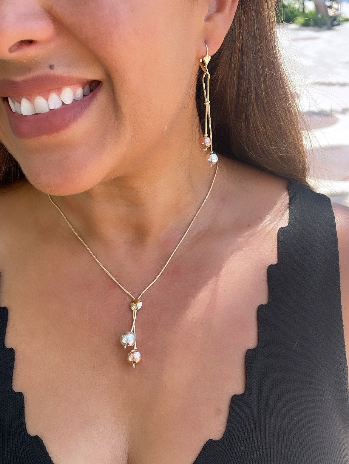 18k Gold Filled Tri-Color and Plain Gold Dangle Beaded Necklace