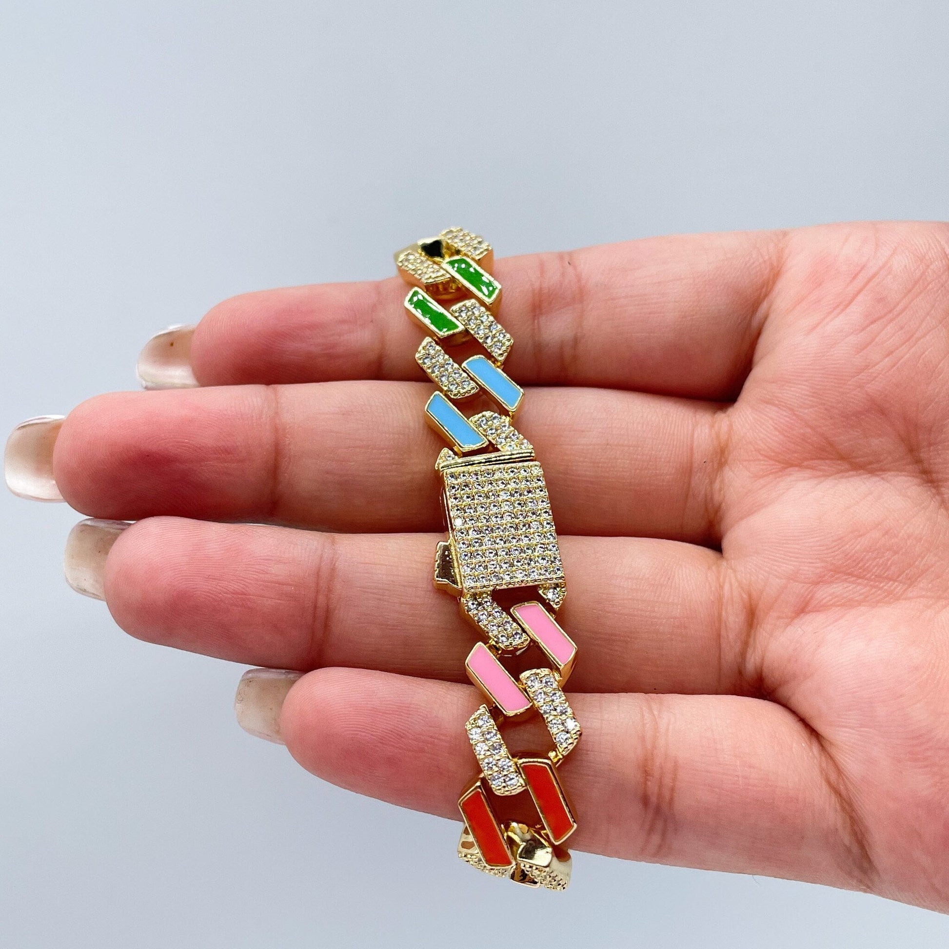 18k Gold Filled Colorful Enamel and Zirconia Thick Cuban Link Set