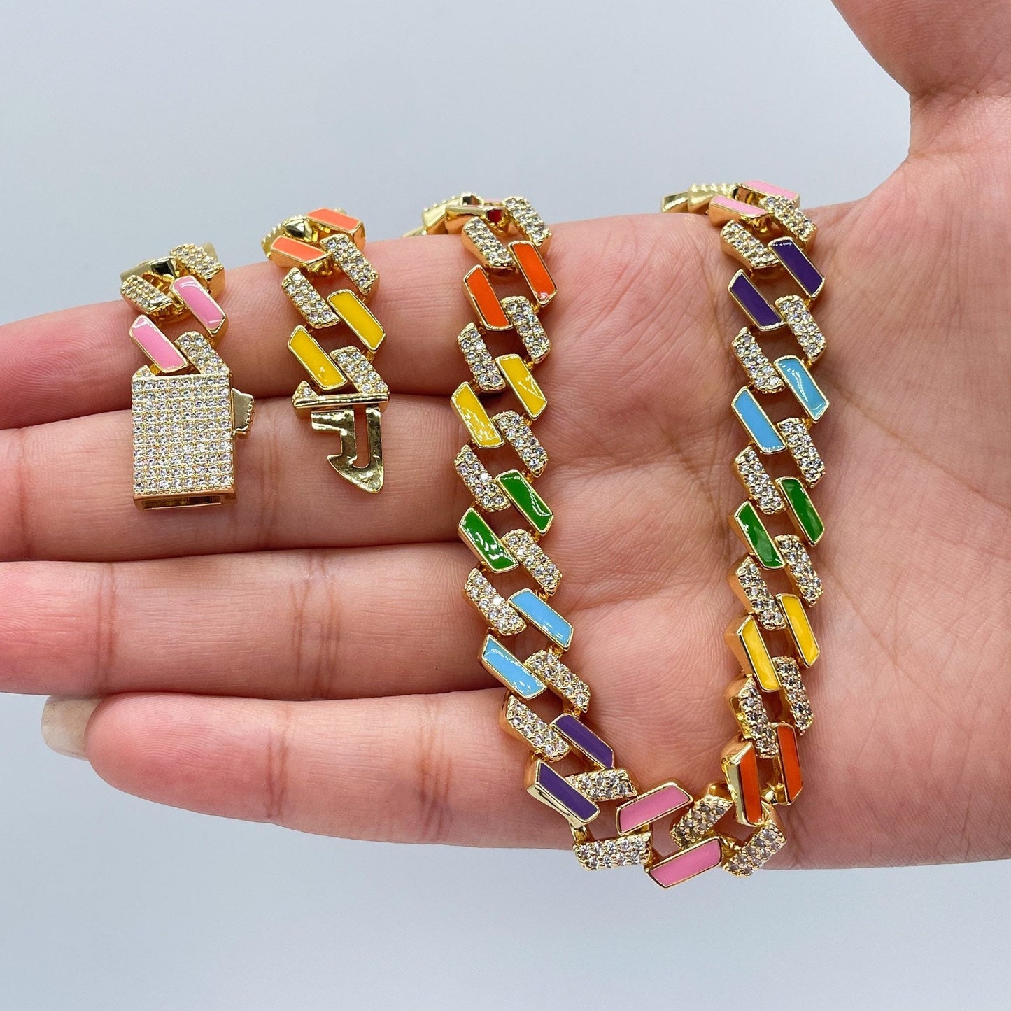 18k Gold Filled Colorful Enamel and Zirconia Thick Cuban Link Set