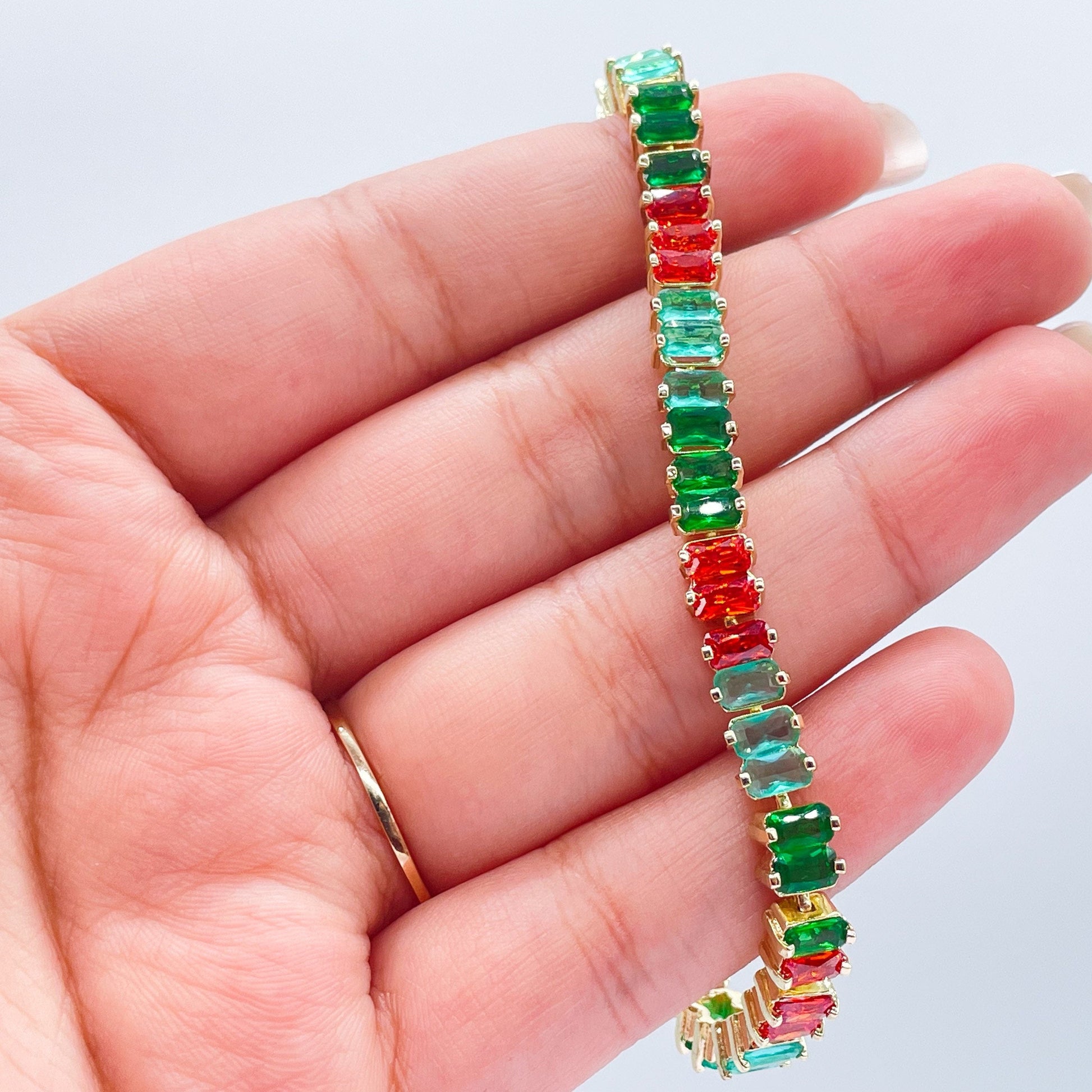 18k Gold Filled Jade Colored Baguette Zirconia Stone Bracelet With touches of Bright Red