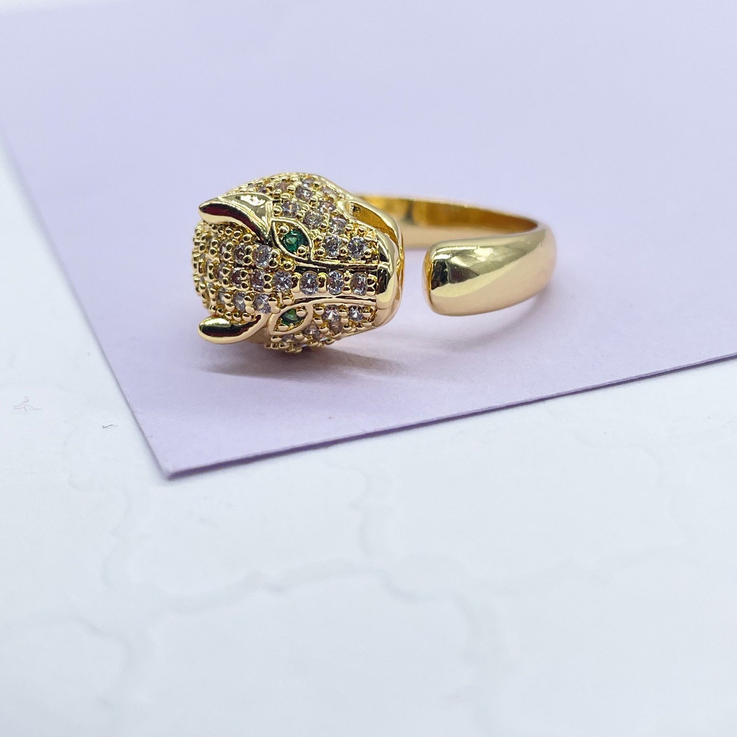 18k Gold Filled Adjustable Pave Panther Head Ring