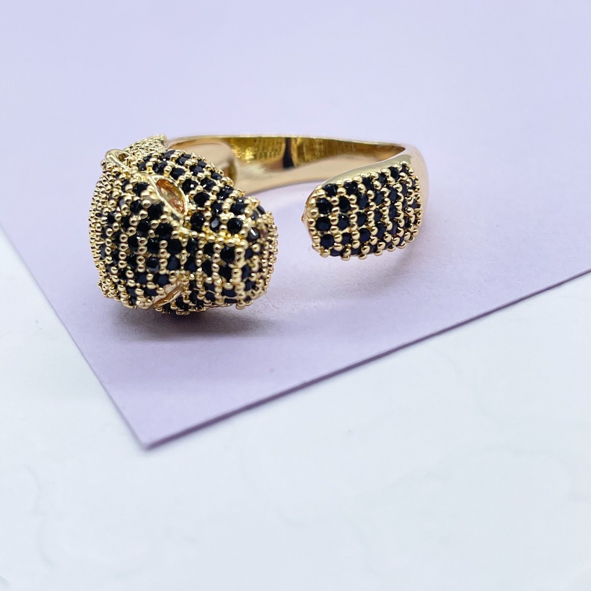 18k Gold Filled Adjustable Pave Panther Head Ring