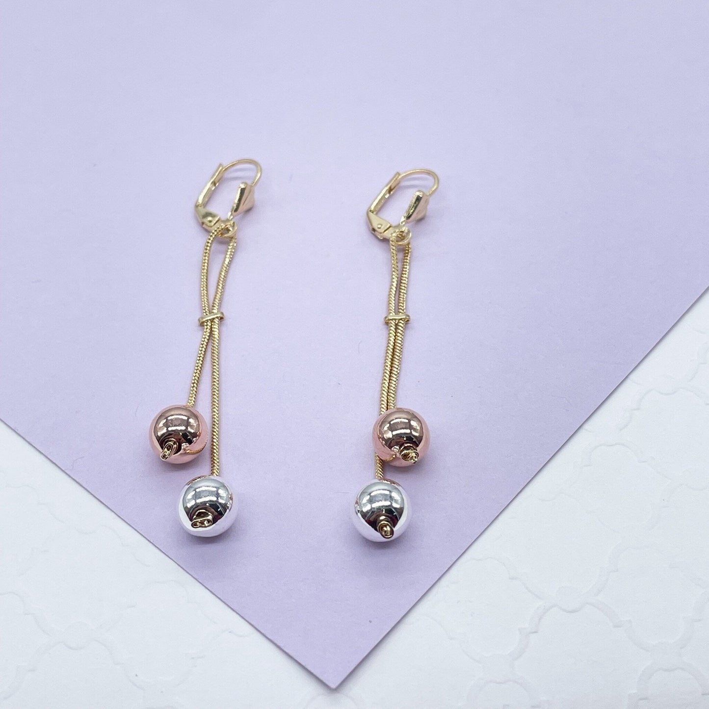 18k Gold Filled Tri-Color and Plain Gold Dangle Beaded Earrings