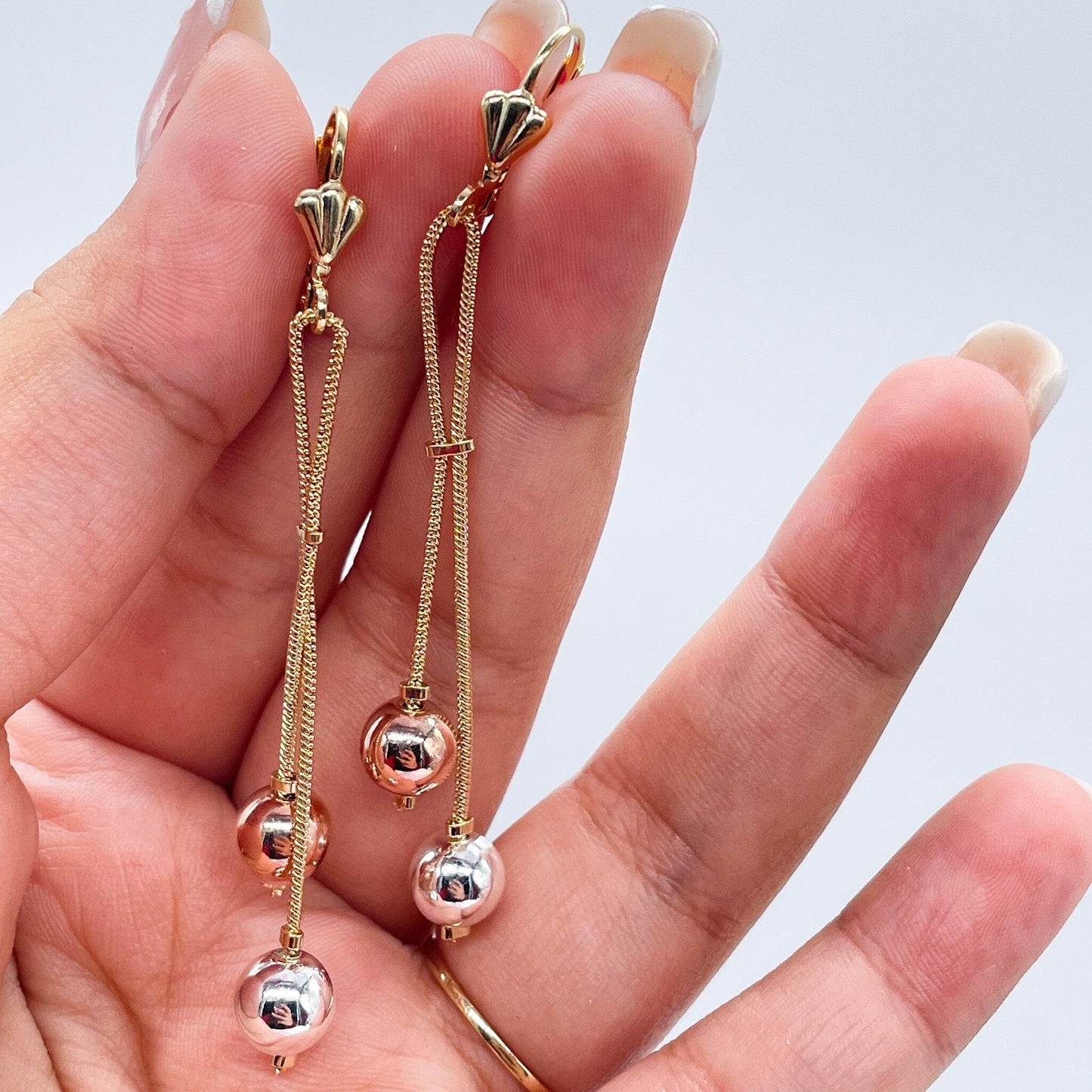 18k Gold Filled Tri-Color and Plain Gold Dangle Beaded Earrings