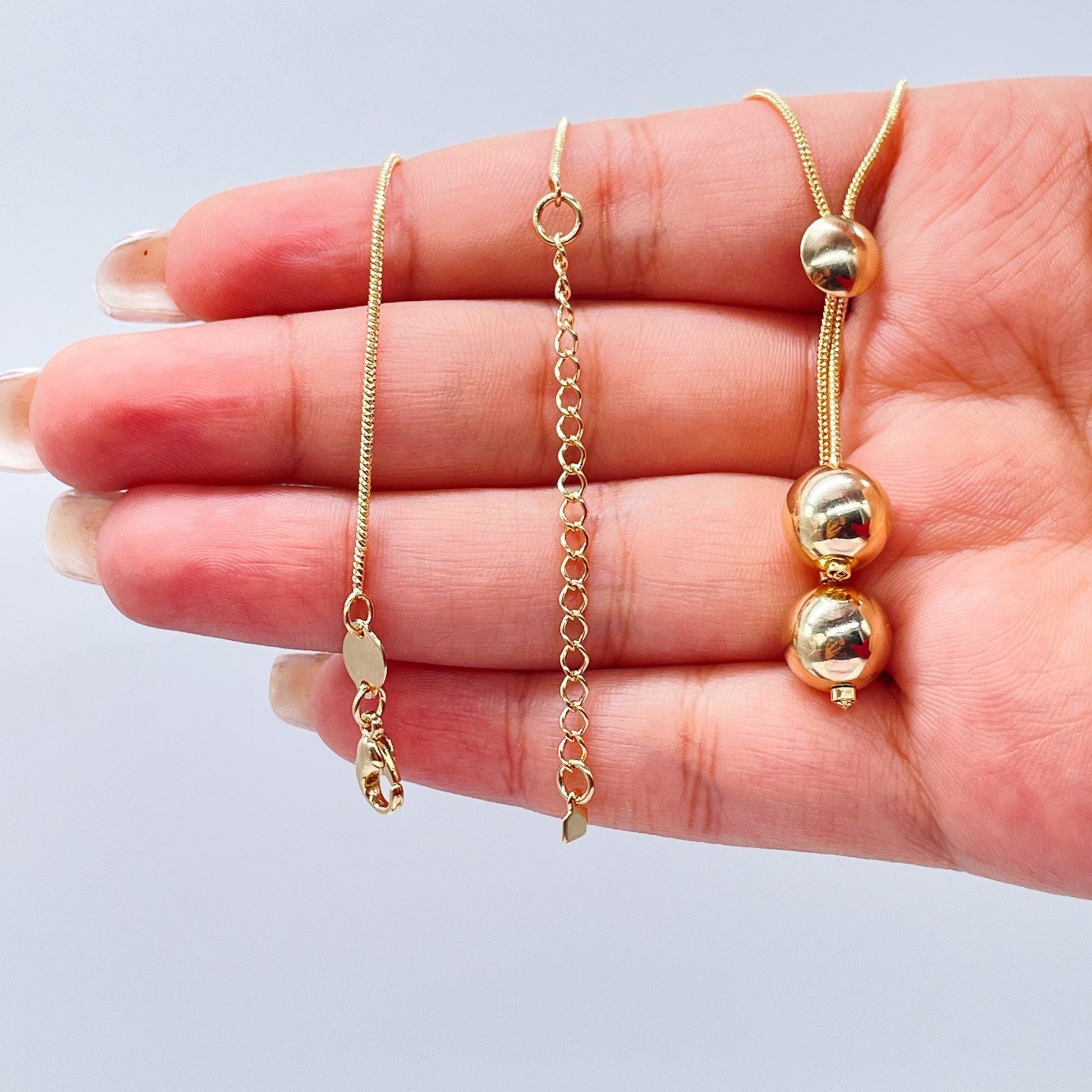 18k Gold Filled Tri-Color and Plain Gold Dangle Beaded Necklace