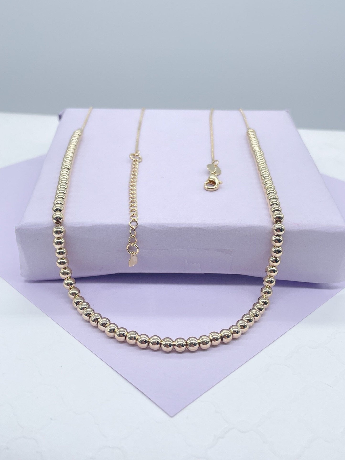 18k Gold Filled 4mm Beaded Necklace, Gold Ball Bead Chain Necklace,